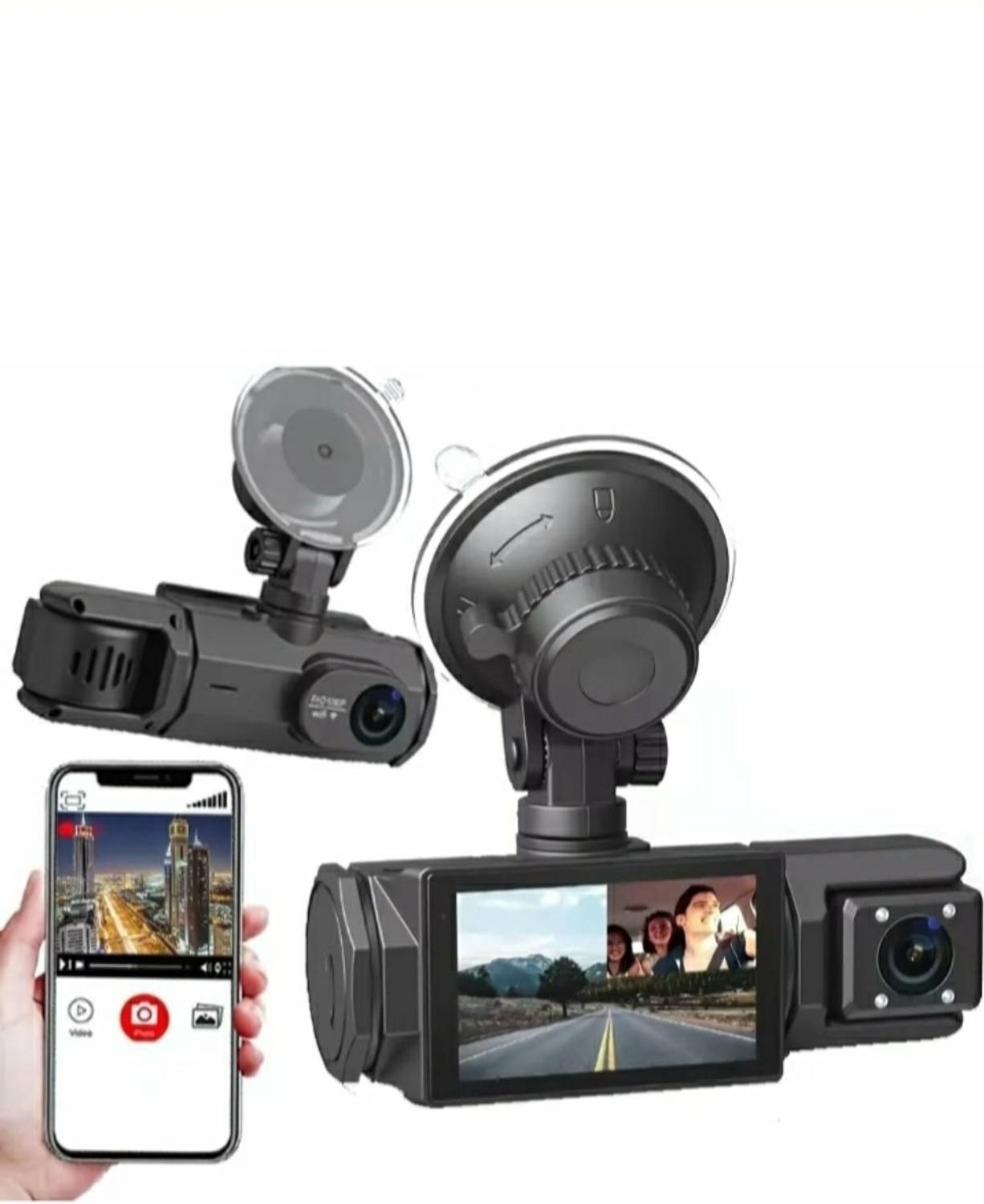 Autovynk 3-in-1 Car Dash Cam Full HD 1080P Front Rear Cabin Camera with 3" LCD Display In-car Camera System