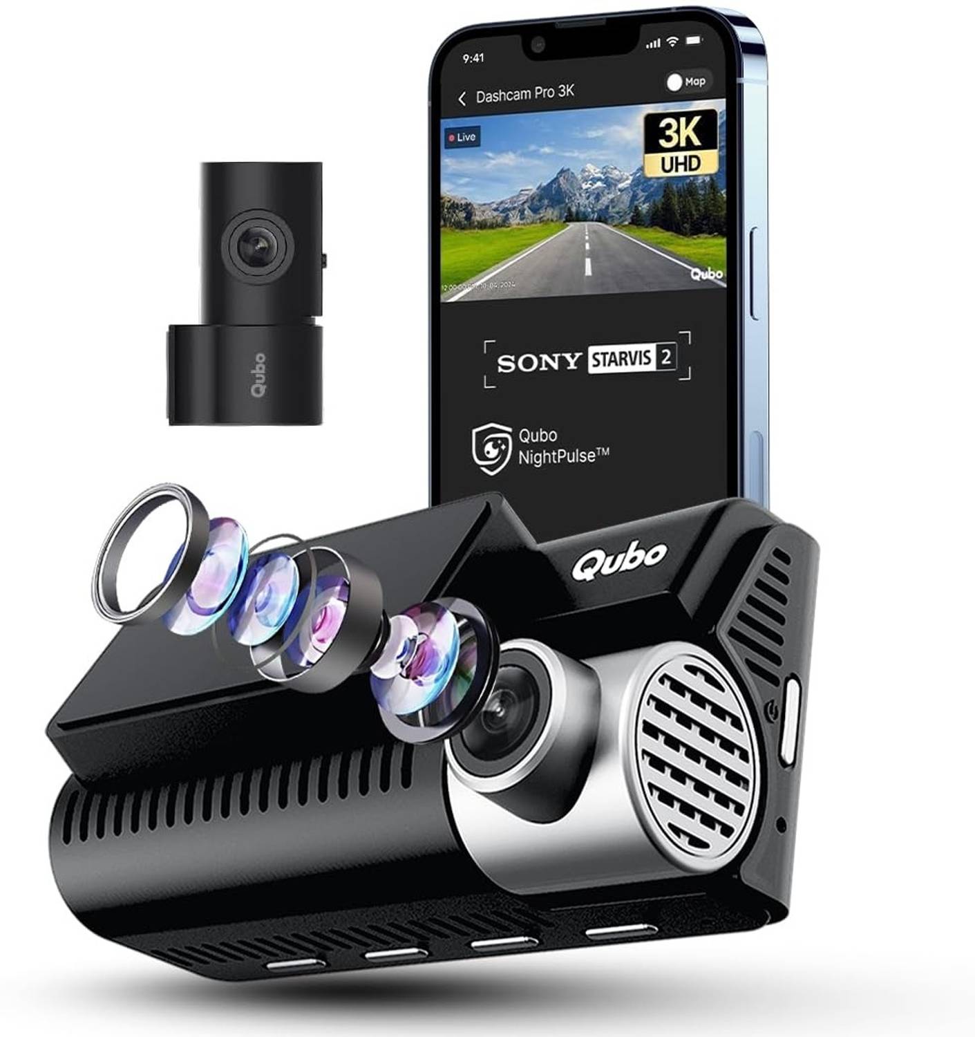 Qubo Smart Dashcam Pro 3K+Rear| Sony STARVIS 2| 5MP&2MP| NightPulse Vision| 3.2LCD In-car Camera System price history chart and lowest price