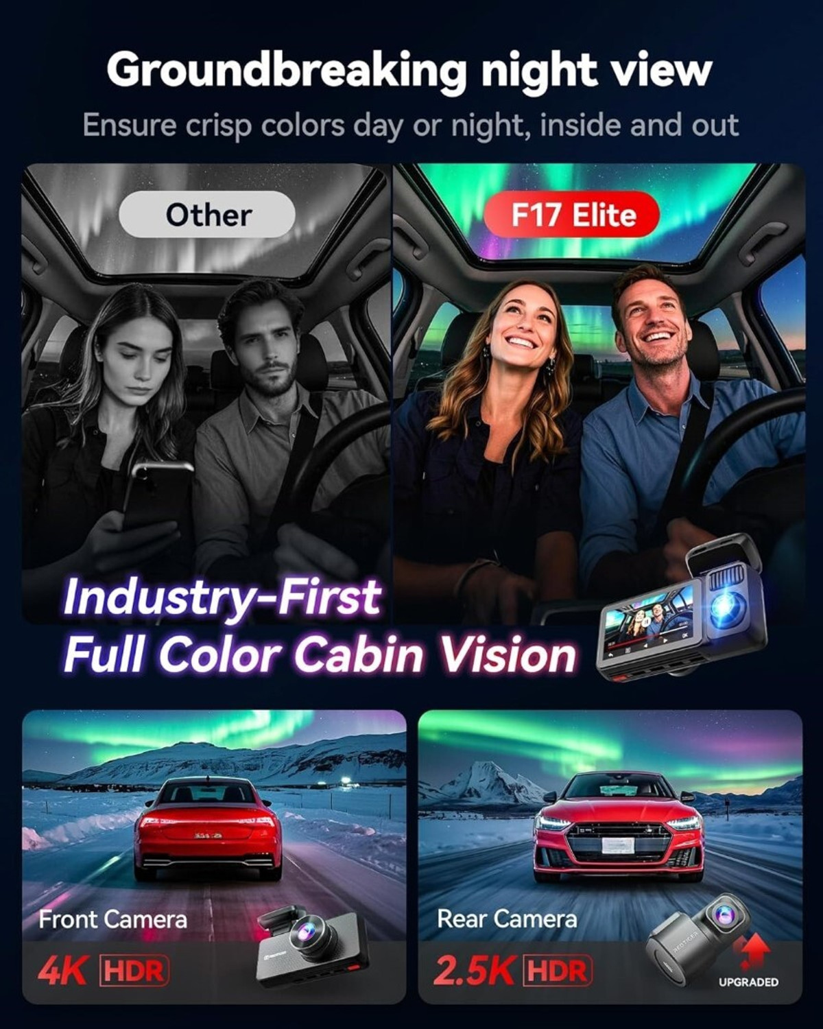 Image of Redtiger F17 Elite 4K 3CH Dash Cam STARVIS2 4K+2.5K+1080P GPS WiFi Touch Voice Dashboard Camera System