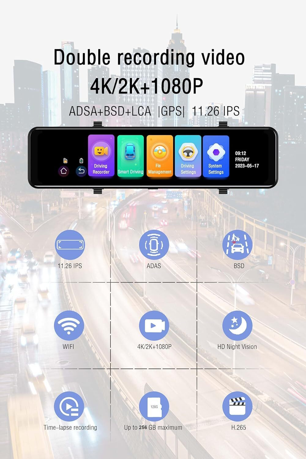 Image of Techdash TECHDASH D15 4K Dual Dash Camera 11.26 Mirror Display Touch Screen Dashboard Camera System