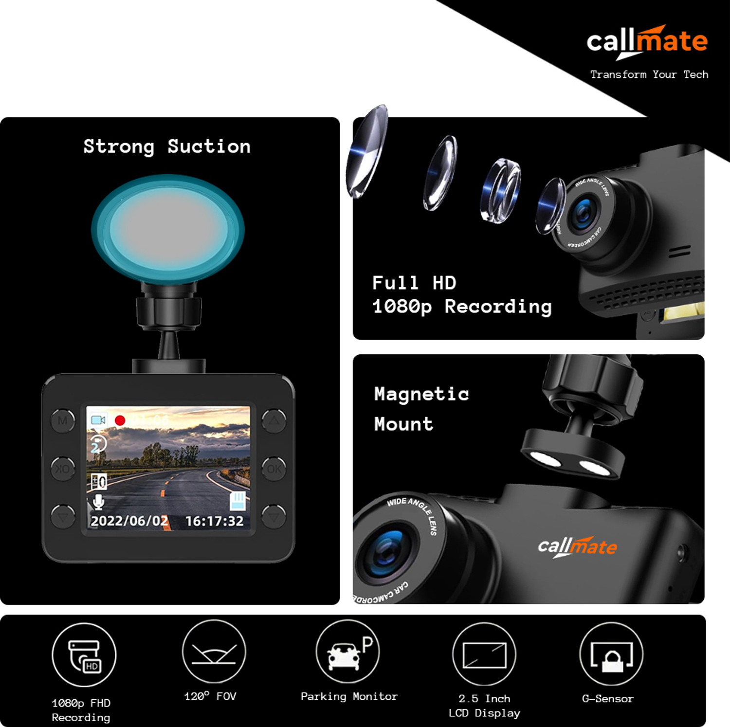 Image of Callmate Roadrunner Full HD 1080p Car Dashboard Camera, 2.5 inch LCD Display with AV Port Reverse Assist Camera System