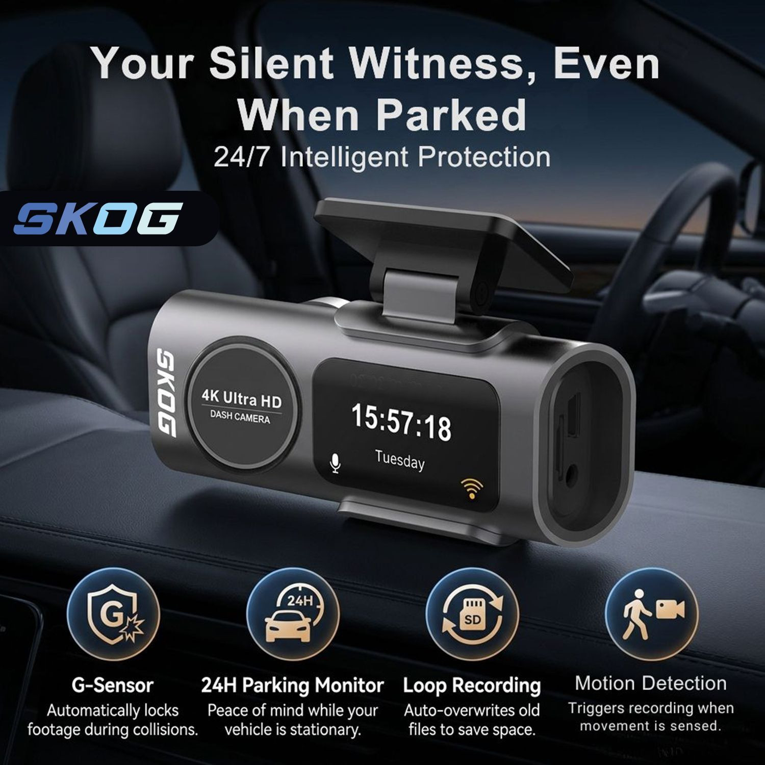 Image of SKOG Ultra HD WiFi dash camera, Car Dashboard, Reverse Assist Camera System
