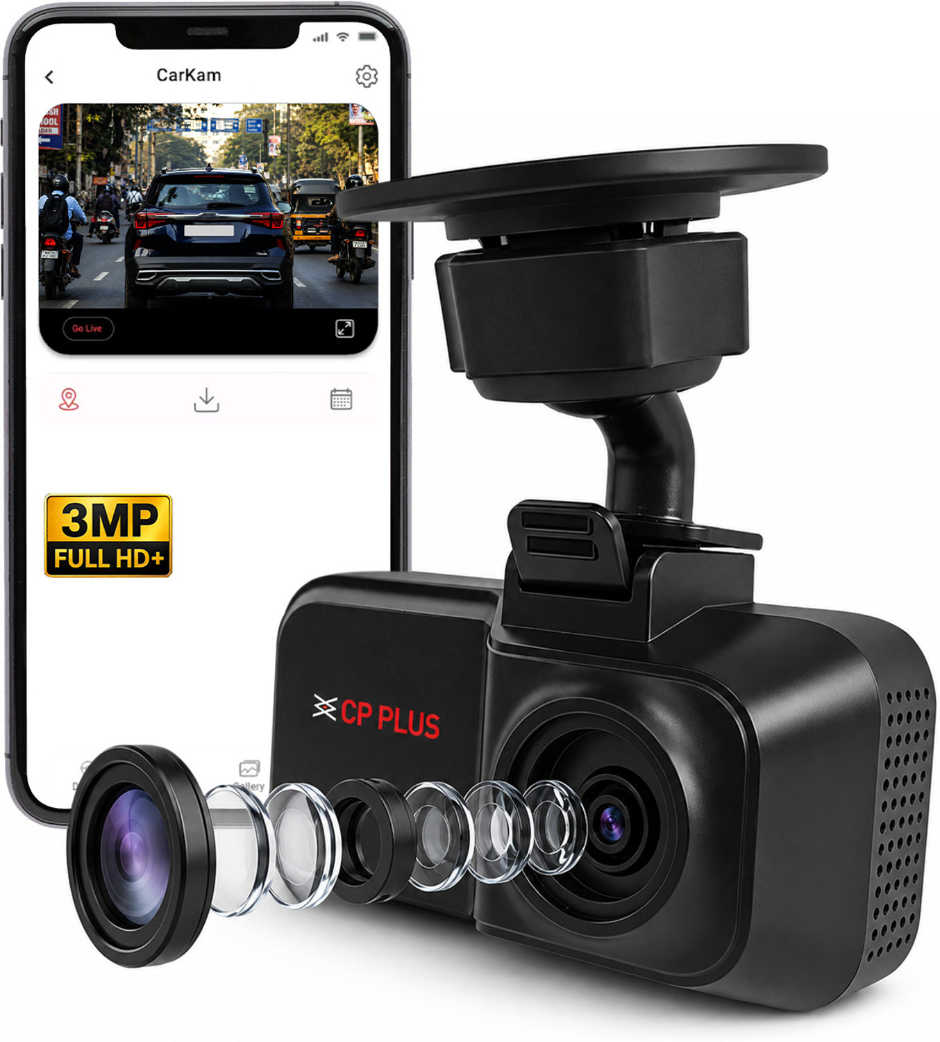 Image of CP PLUS 3MP Car Dashcam Full HD+ G-Sensor Wide Angle View Night Vision Dashboard Camera System