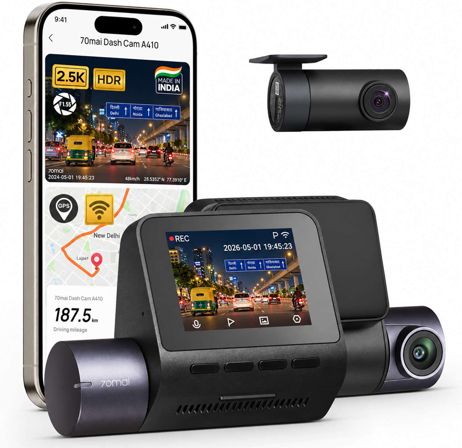 Image of 70MAI A410 Dual Dash Cam, Made in India, 2.5K HDR Front + FHD Rear, WiFi & GPS Dashboard Camera System