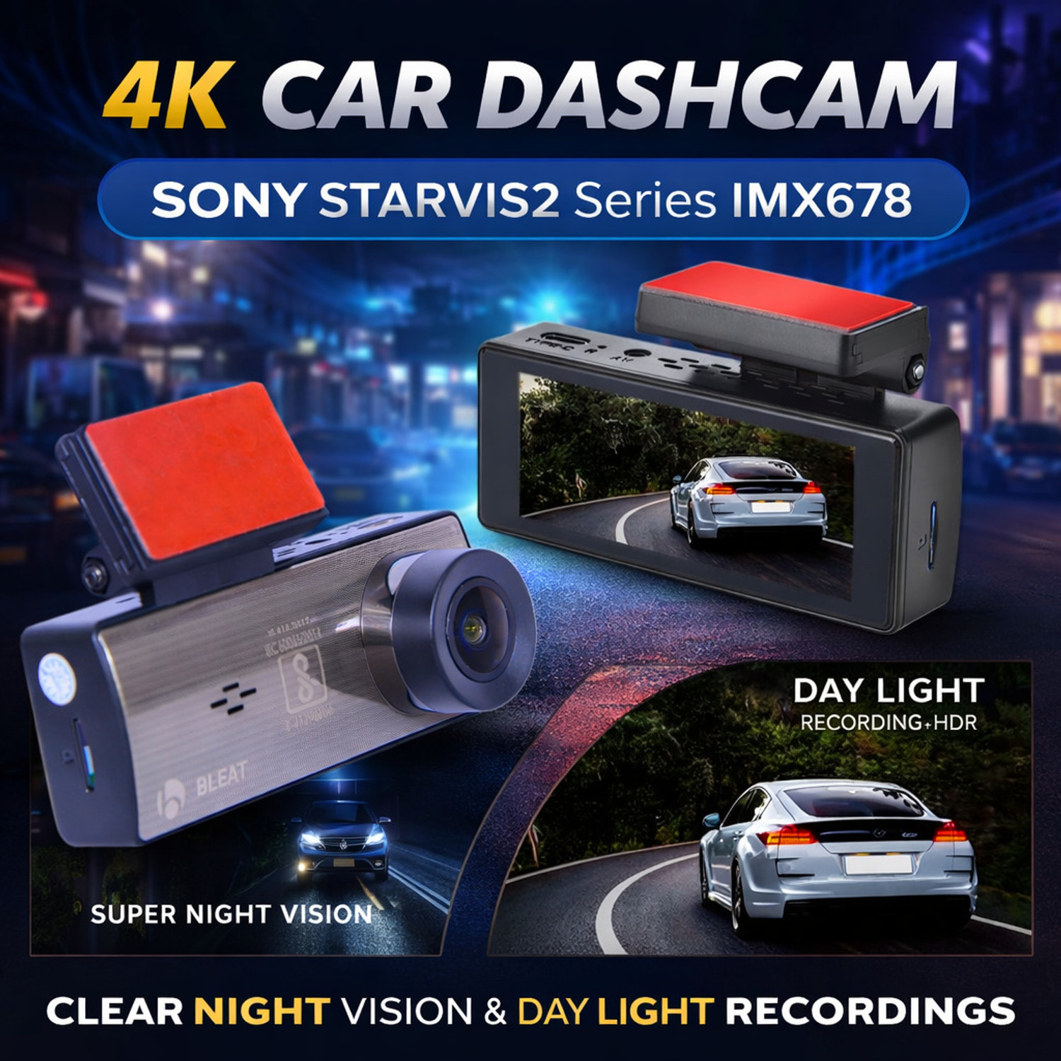 Image of BLEAT 4K DUAL CAR DASHCAM| GPS|G-SENSOR|OBD CONNECTIVITY|ADAS|512GB SUPPORT|STARVIS2 Dashboard Camera System
