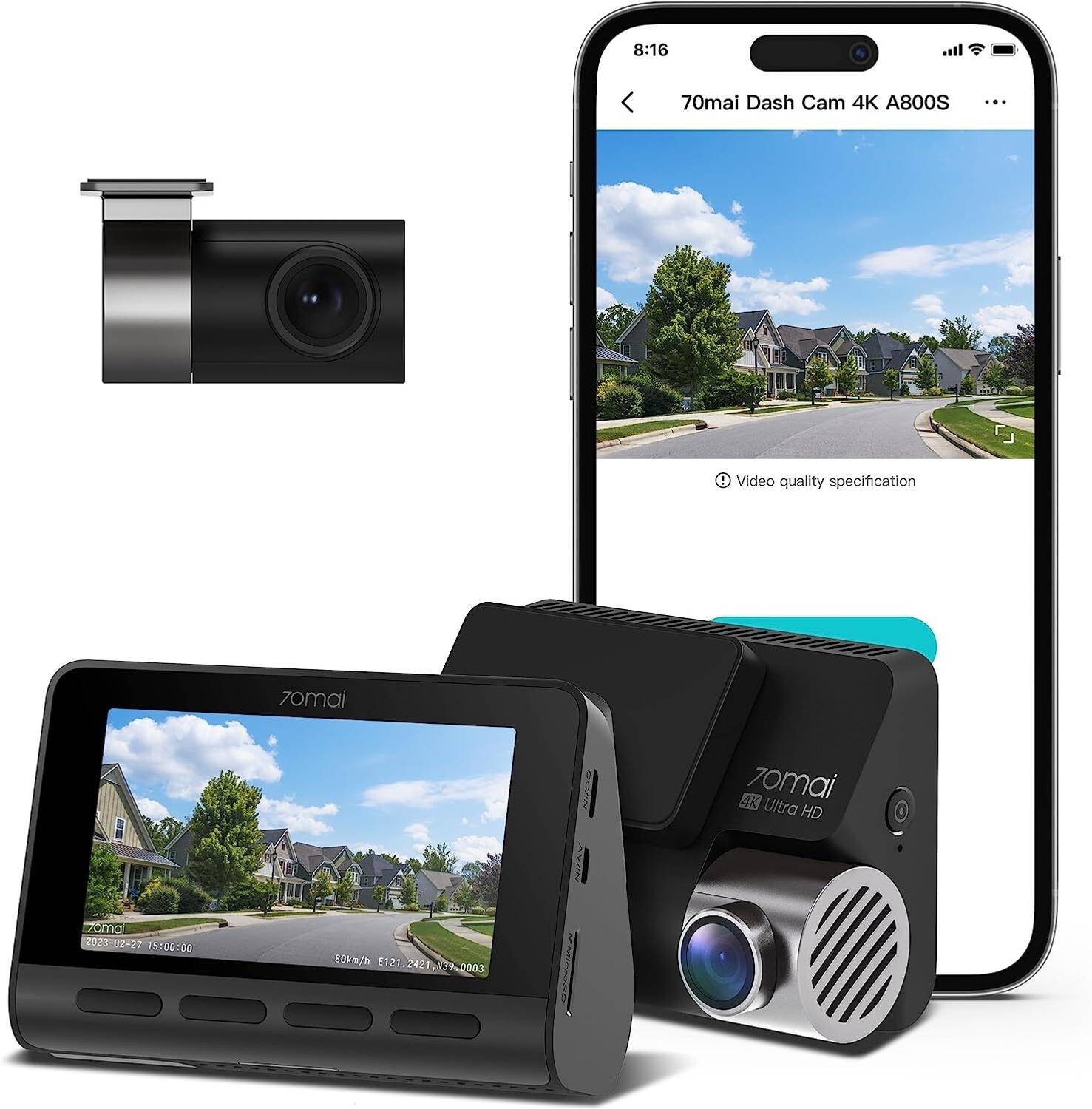 70MAI A800S 4K Dual Channel,2160P Front&1080P Rear,GPS Logger,5GHz