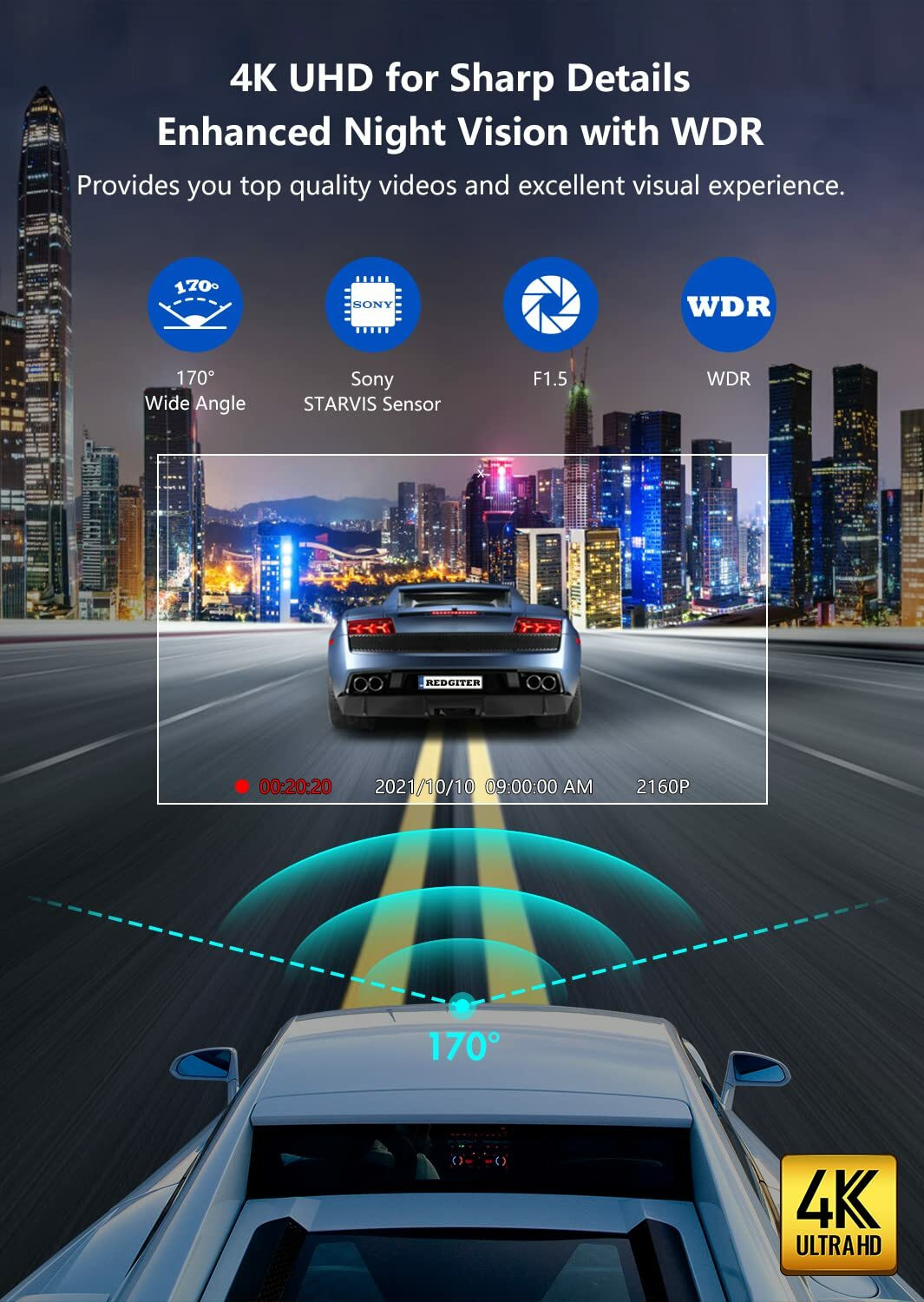 Image of Redtiger Wi-Fi GPS,3.16 inch LCD Screen,Night Vision,170 Wide Angle,WDR,G-Sensor Reverse Assist Camera System