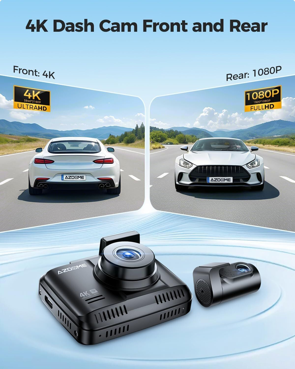 Image of Azdome GS63H 4K Dash Cam Front and Rear|Night Vision|Built-in GPS Logger| Reverse Assist Camera System
