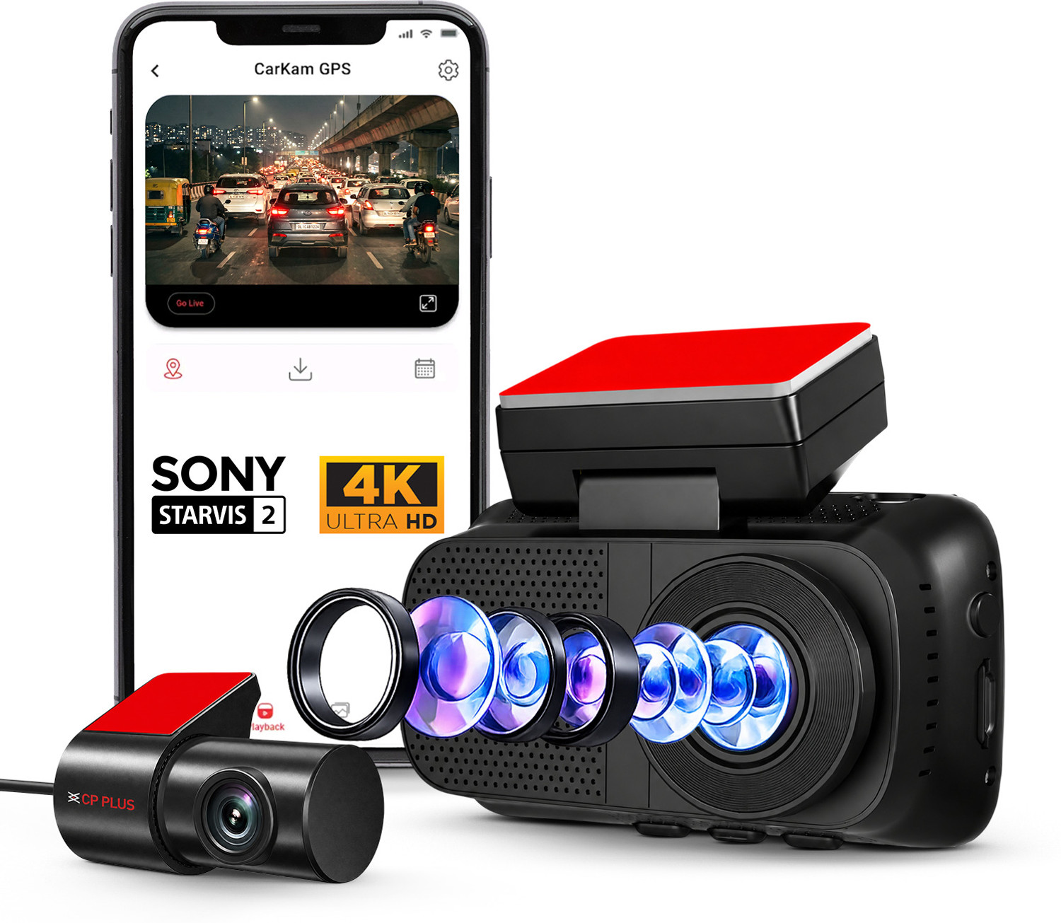 Image of CP PLUS 4K UHD Car Dashcam Front + Rear Sony Starvis 2 GPS 3 inch Display Dashboard Camera System