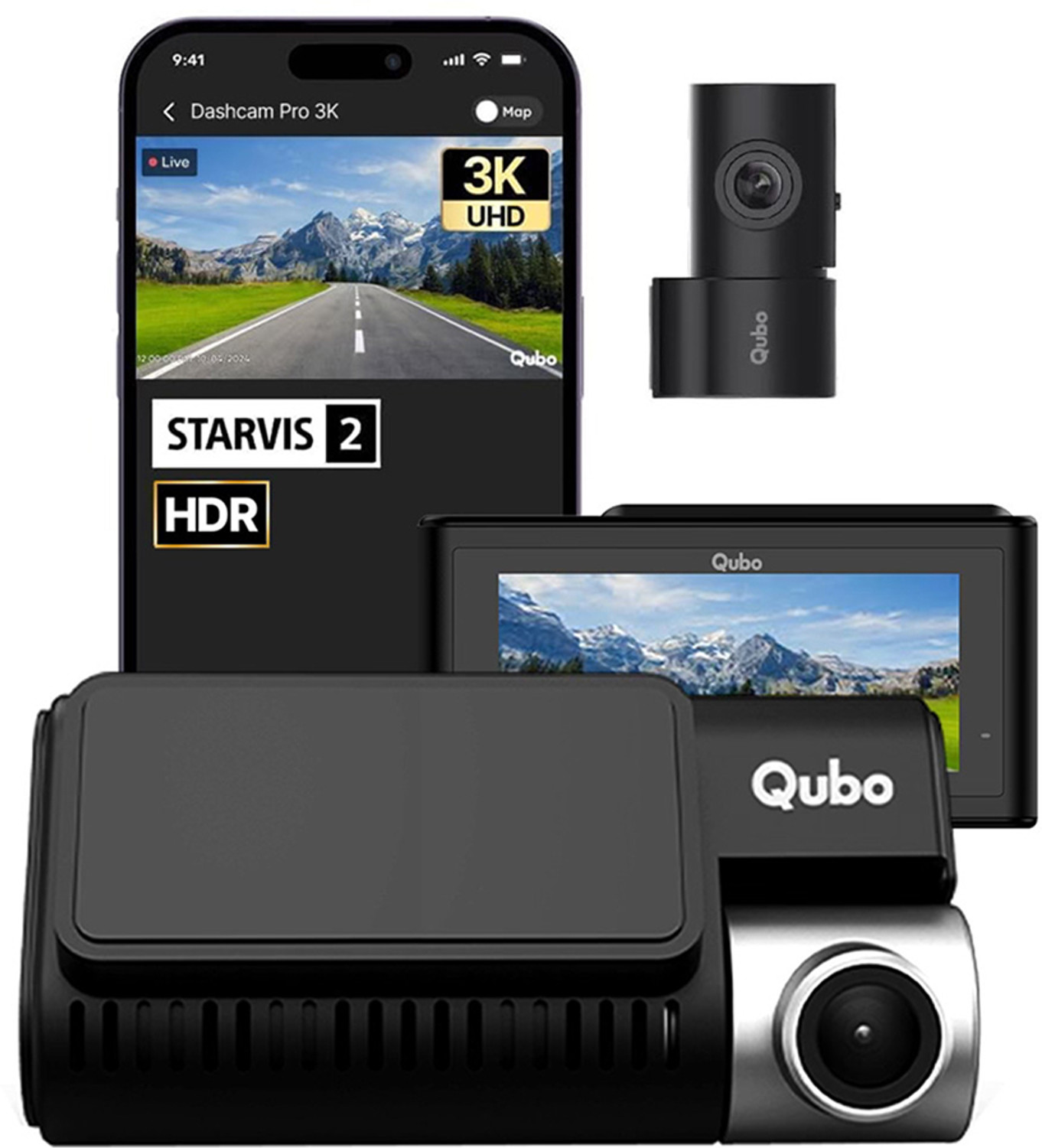 Image of Qubo Smart Dashcam Pro 3K+Rear| Sony STARVIS 2| 5MP&2MP| NightPulse Vision| 3.2LCD In-car Camera System