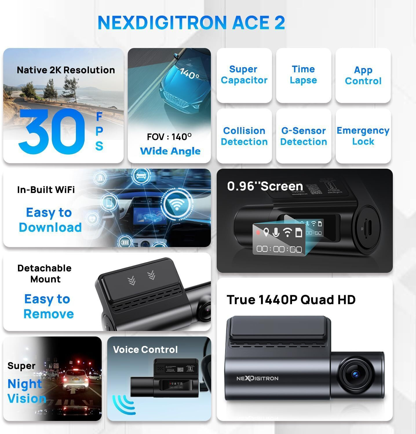Image of NEXDIGITRON ACE2 DashCam, Real 2K 1440P, Voice Control, Super-Capacitor,F1.8 6G Lens Reverse Assist Camera System