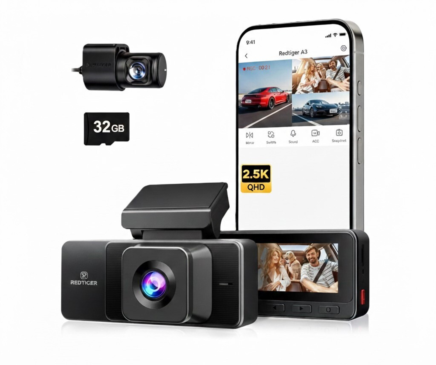 Image of Redtiger A3 3CH Dash Cam 2.5K+1080P+1080P WiFi 3.18 inch Screen Front Rear Inside Dashboard Camera System
