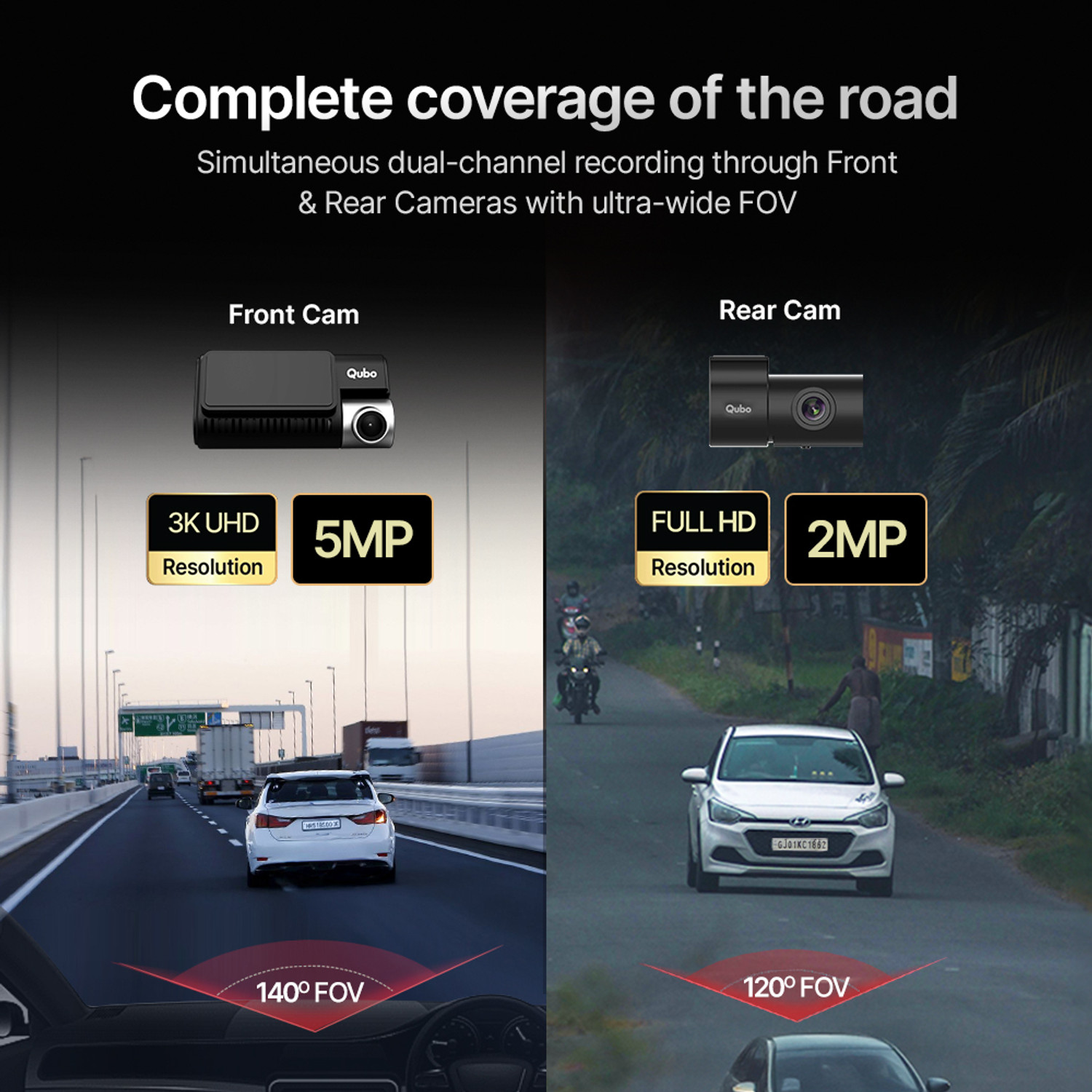 Image of Qubo Smart Dashcam Pro 3K+Rear| Sony STARVIS 2| 5MP&2MP| NightPulse Vision| 3.2LCD In-car Camera System