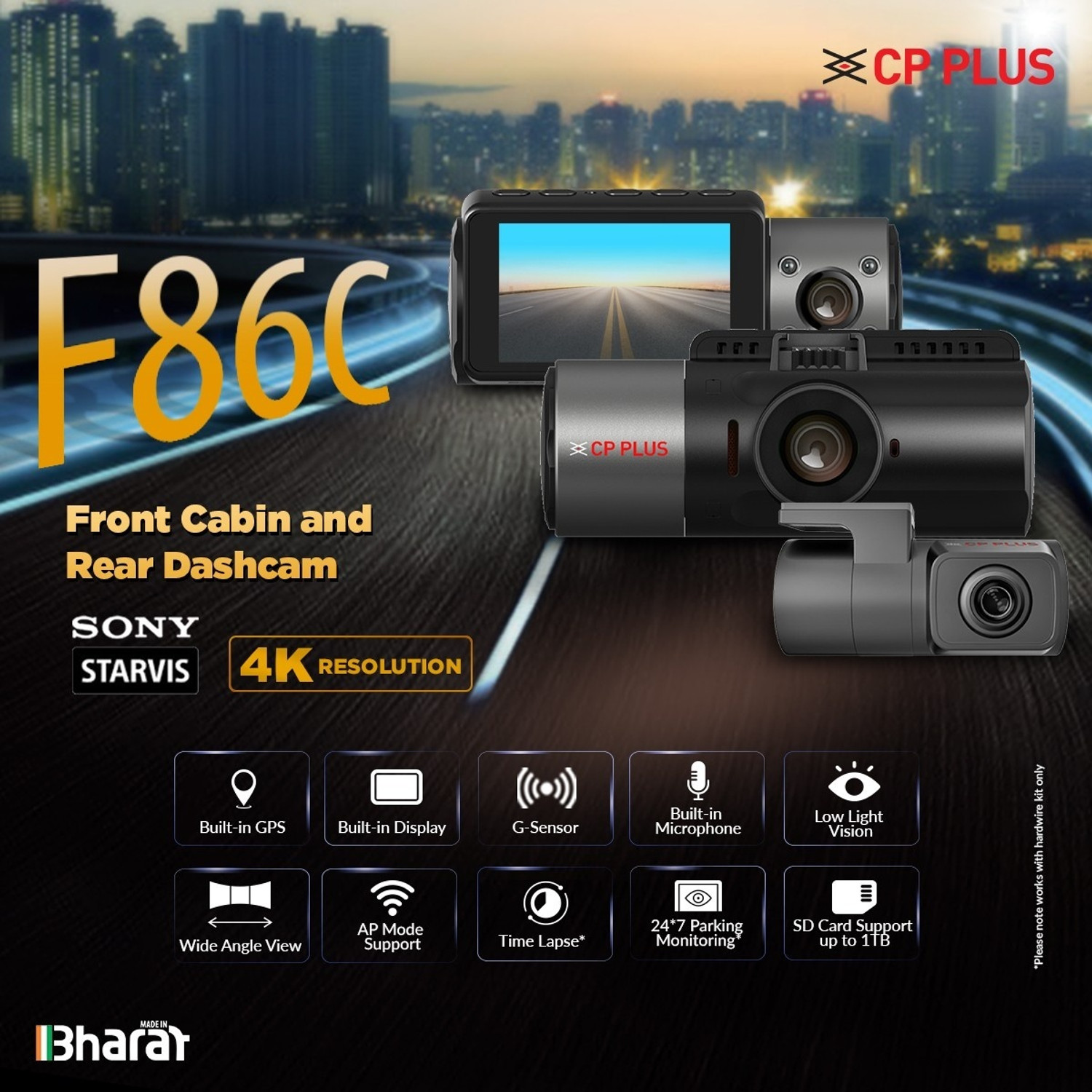 Image of CP PLUS CP-F86C 4K Dashcam with Cabin & Rear Support, GPS & Night Vision Dashboard Camera System