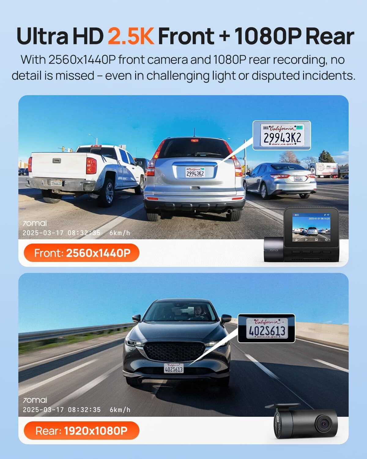 Image of 70MAI A410 Dual Dash Cam, Made in India, 2.5K HDR Front + FHD Rear, WiFi & GPS Dashboard Camera System