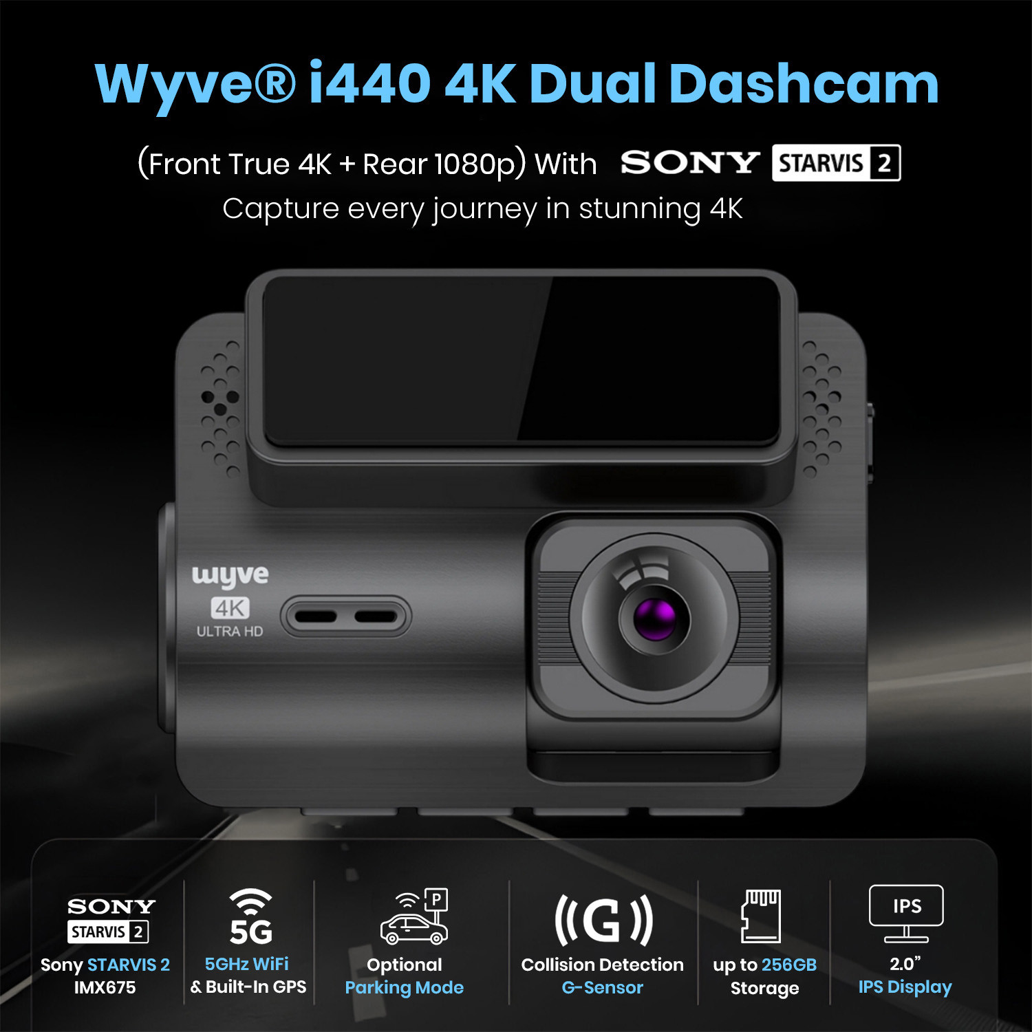 Image of Wyve i440 4K Starvis 2 Dual Dashcam,GPS,5ghz WiFi,2.0 inchScreen,IMX675,Parking Kit Dashboard Camera System