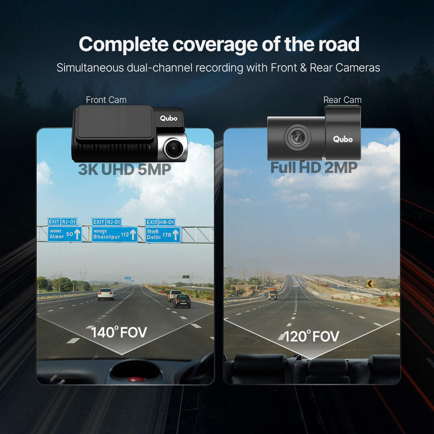 Image of Qubo Smart Dashcam Pro 3K + Rear Dashboard, In-car Camera System