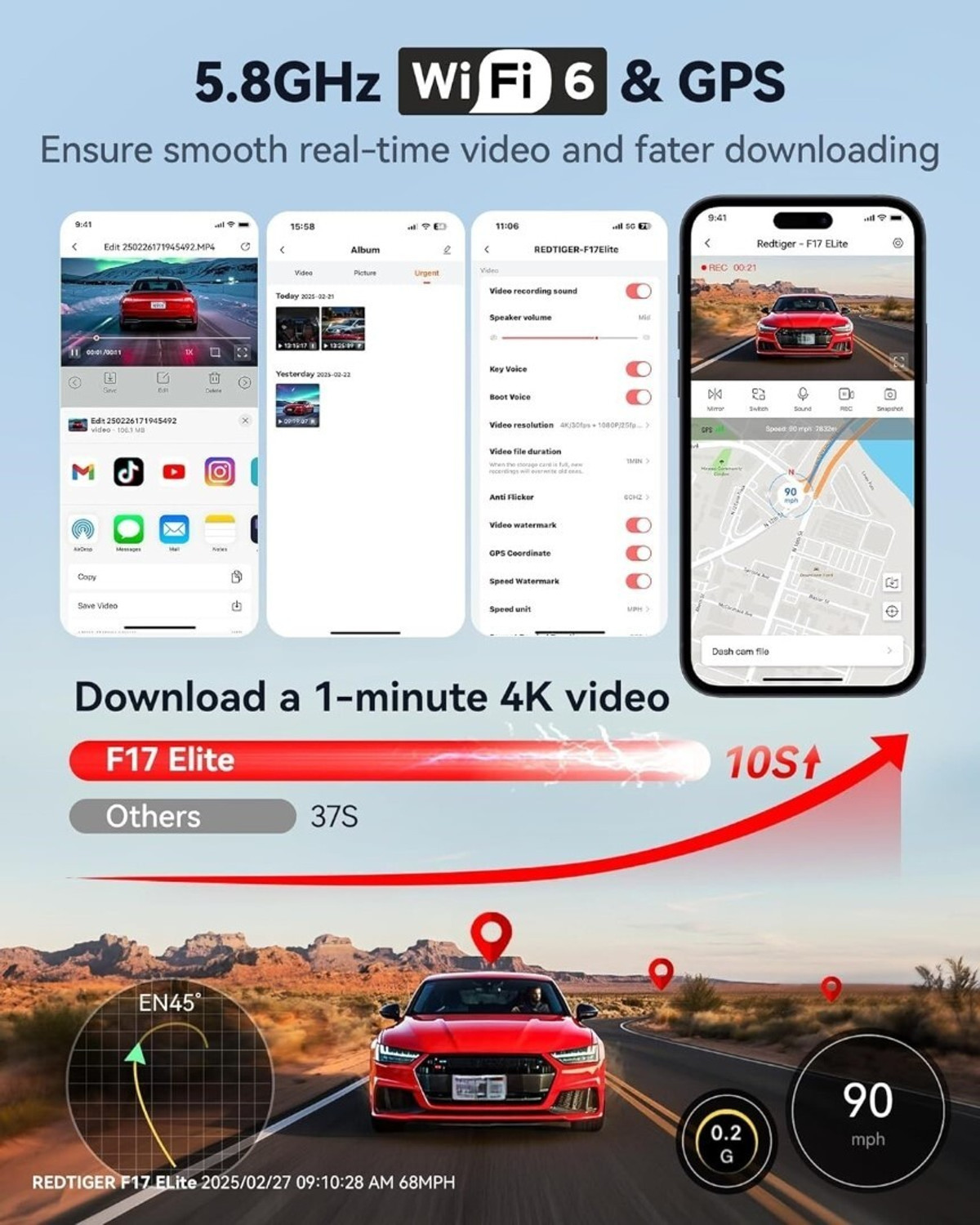 Image of Redtiger F17 Elite 4K 3CH Dash Cam STARVIS2 4K+2.5K+1080P GPS WiFi Touch Voice Dashboard Camera System