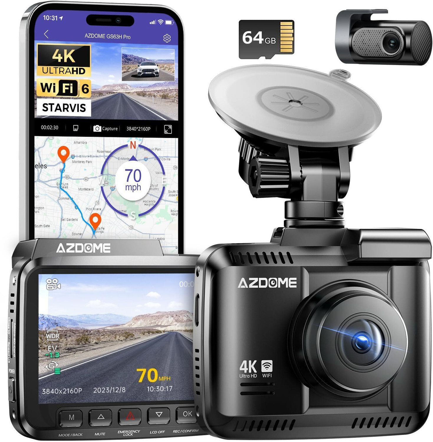 Image of Azdome GS63H 4K Dash Cam Front and Rear|Night Vision|Built-in GPS Logger| Reverse Assist Camera System