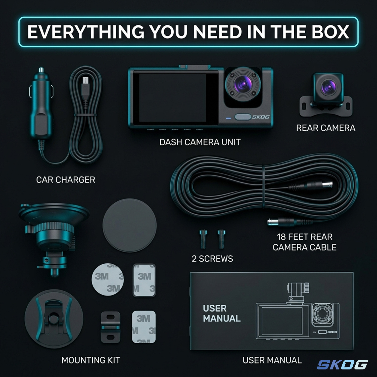 Image of SKOG DashCam 3 Channel Dashboard Camera Night Vision 24h Parking Monitoring 170 Angle Dashboard, Reverse Assist Camera System