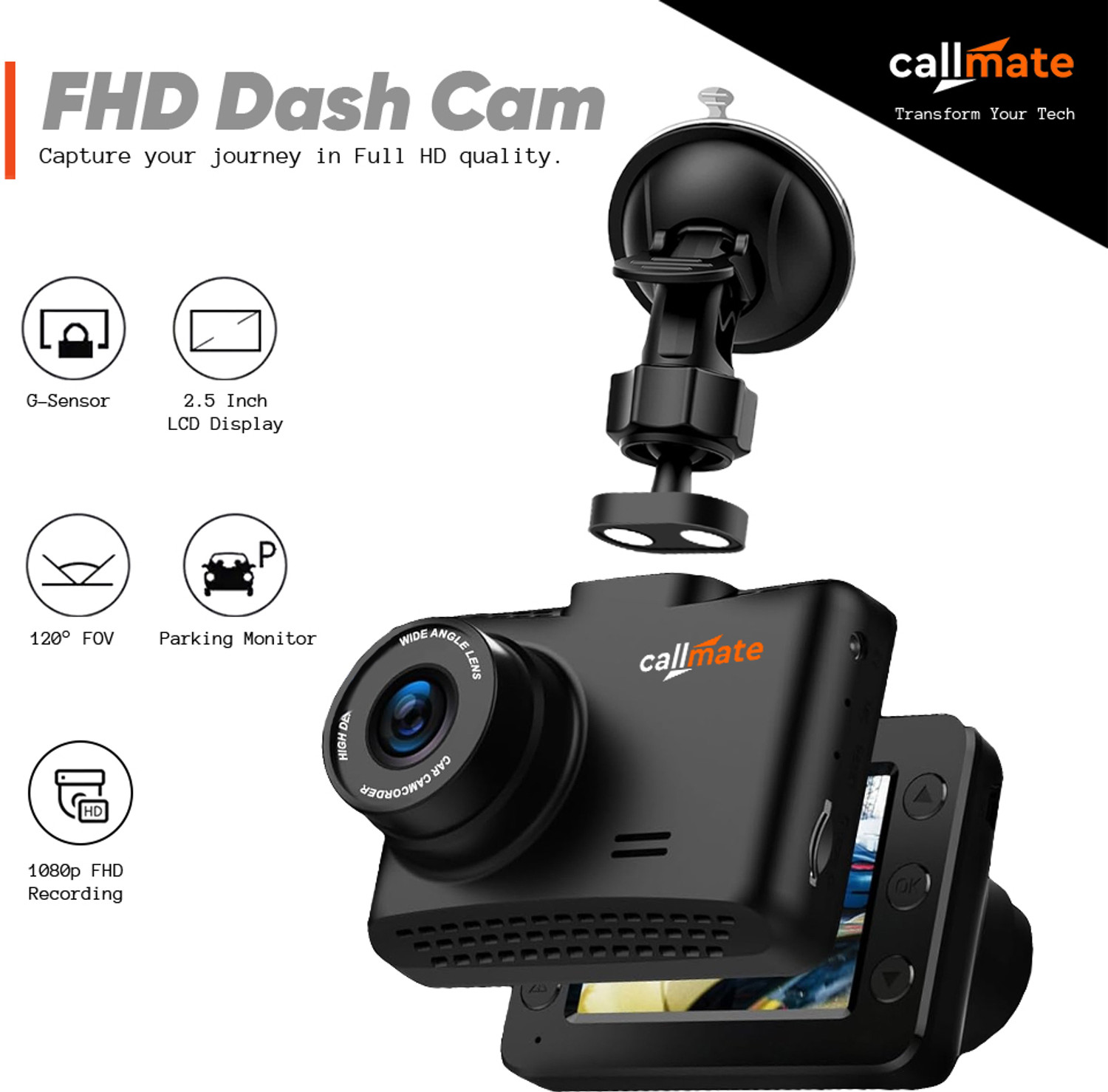 Image of Callmate Roadrunner Full HD 1080p Car Dashboard Camera, 2.5 inch LCD Display with AV Port Reverse Assist Camera System