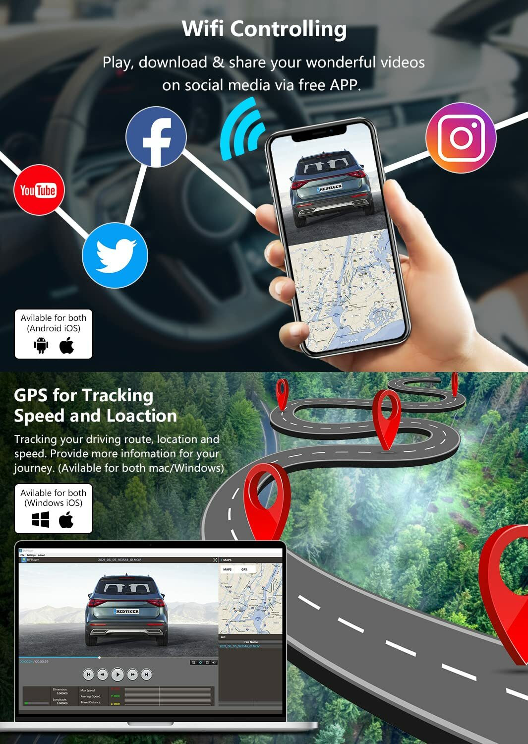 Image of Redtiger Wi-Fi GPS,3.16 inch LCD Screen,Night Vision,170 Wide Angle,WDR,G-Sensor Reverse Assist Camera System