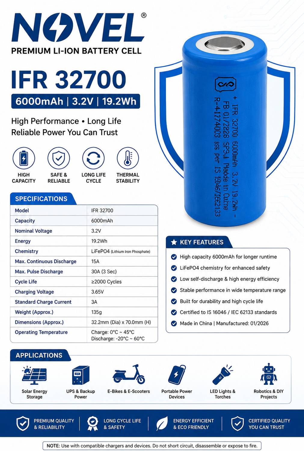 NOVEL 32700 6000mAh LiFePO4 Battery - Image 5