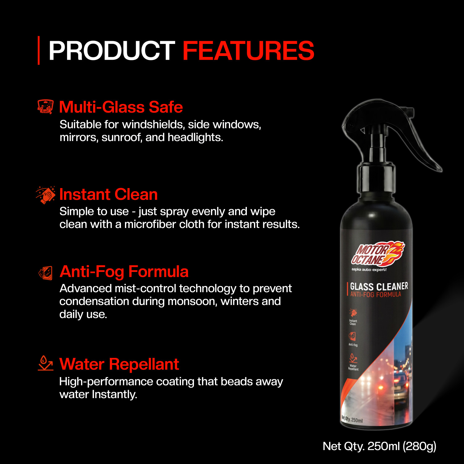 Image of MOTOROCTANE Anti-Fog Liquid Vehicle Glass Cleaner