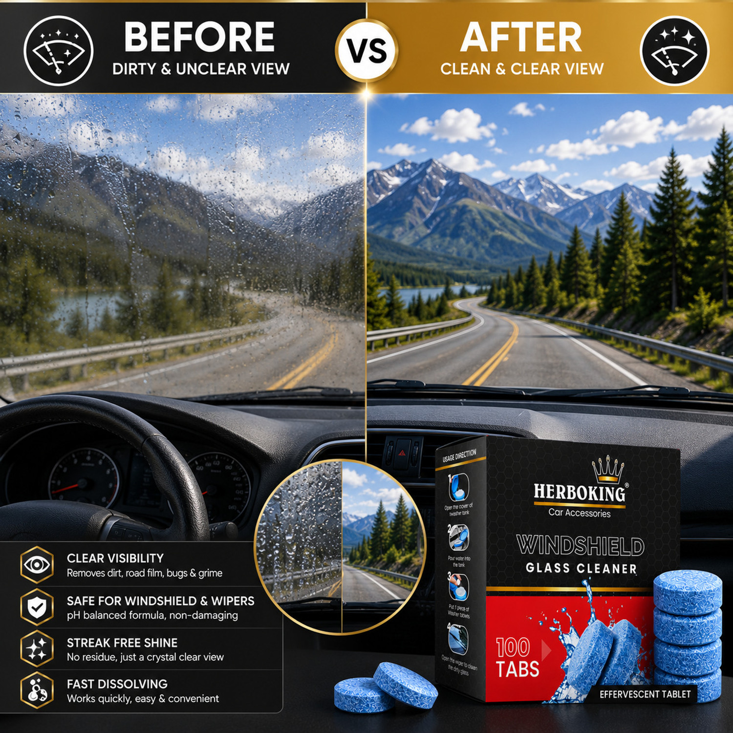 Image of HERBOKING Windshield Glass Cleaner Tablet Concentrate Vehicle Glass Cleaner