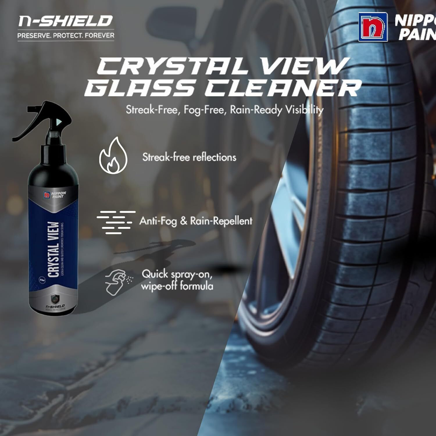 Image of Nippon Paint n-Shield Car Glass Cleaner, Repels Dust /Rain, Removes hard Residue, Hydrophobic Liquid Vehicle Glass Cleaner