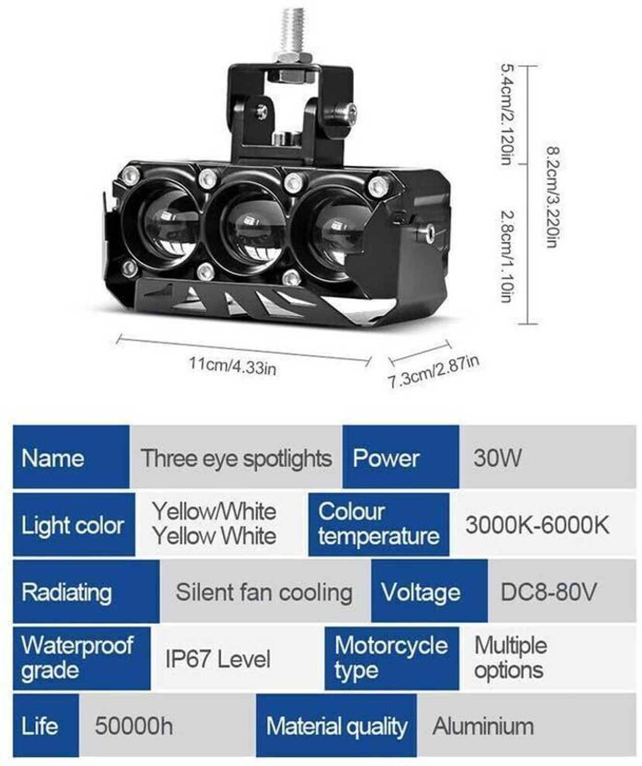 Image of TRYFLY TY-1 Universal 3-Lens LED Fog Lights Yellow /White Color Fog Lamp Car, Motorbike, Truck, Van LED (12 V, 60 W)