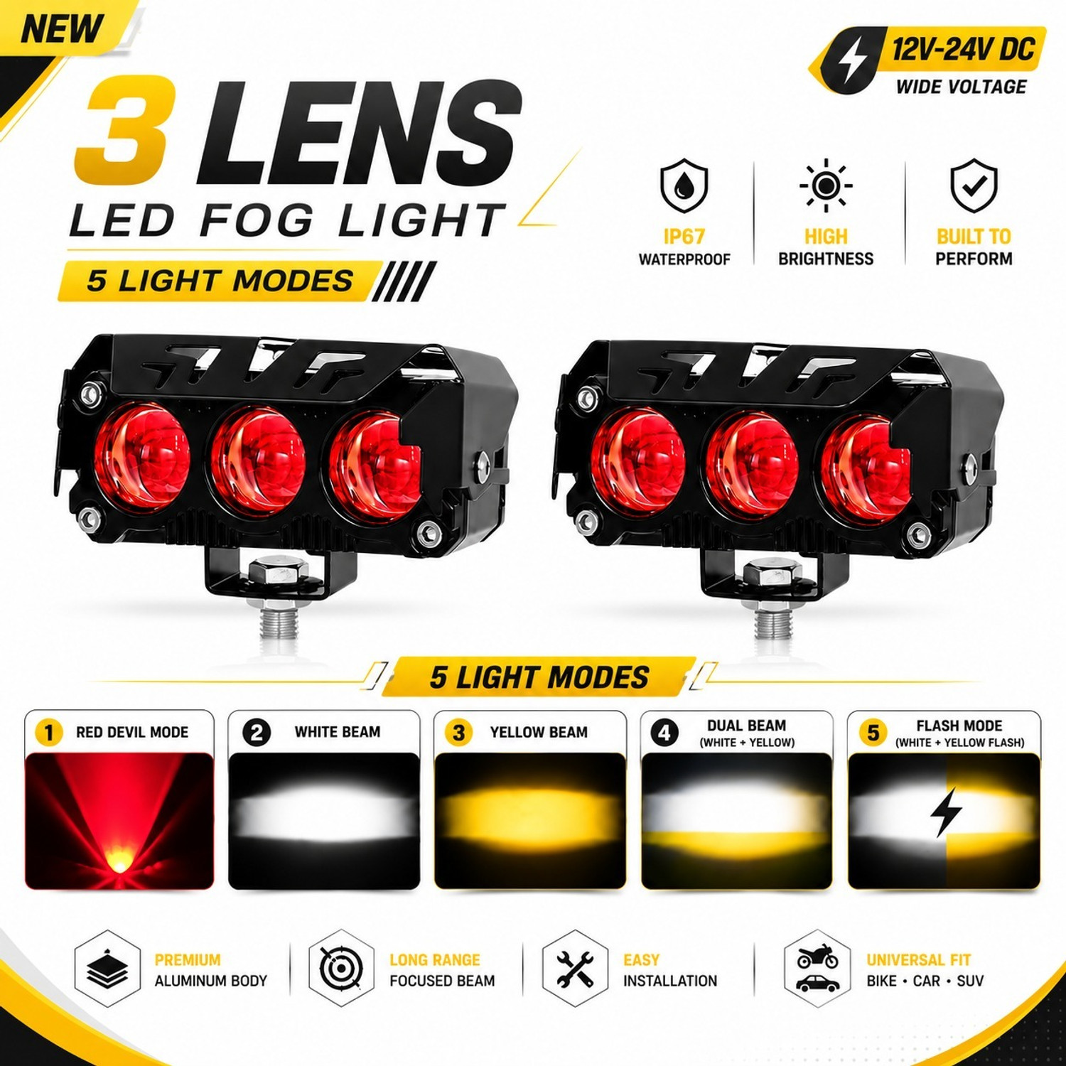 Image of automunk 3 Lens LED Light for Bike Car 5 Modes White Yellow Red Strobe Fog Lamp Car, Motorbike LED (12 V, 40 W)