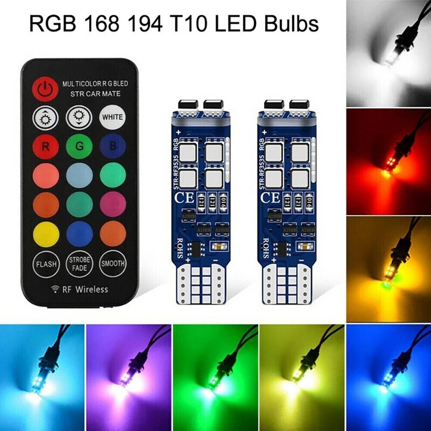 AutoPowerz Multi-Color RGB T10 LED Bulbs with RF Remote - Image 1