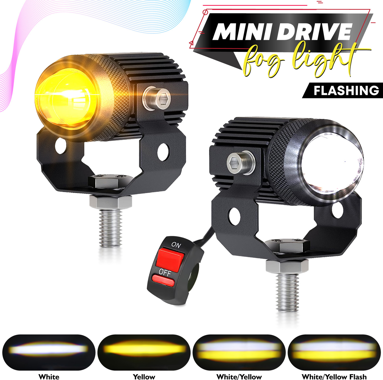 Image of MIKANIX LED Fog Light with Flashing Mode | Dual Color White & Yellow | High / Low Beam Fog Lamp Motorbike, Car LED (12 V, 30 W)