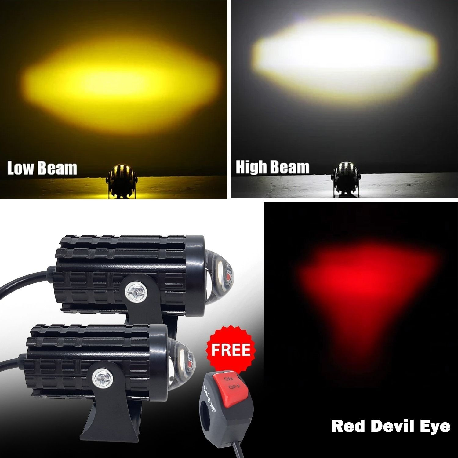 Image of LIU HJG 36 Watt Yellow /White Red Devil Eye Mini LED Fog Light Fog Lamp Car, Motorbike, Truck LED (9 V, 36 W)