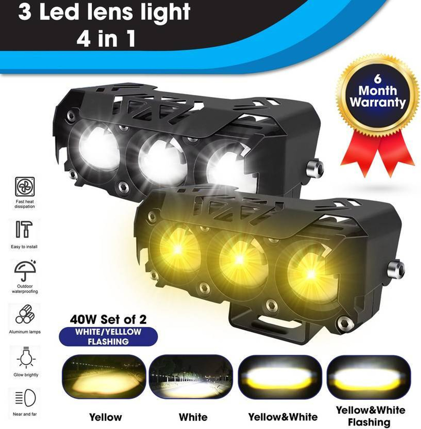 Image of TRYFLY TY-26 Universal 3-Lens LED Fog Lights Yellow /White Color Fog Lamp Car, Motorbike, Truck, Van LED (12 V, 60 W)