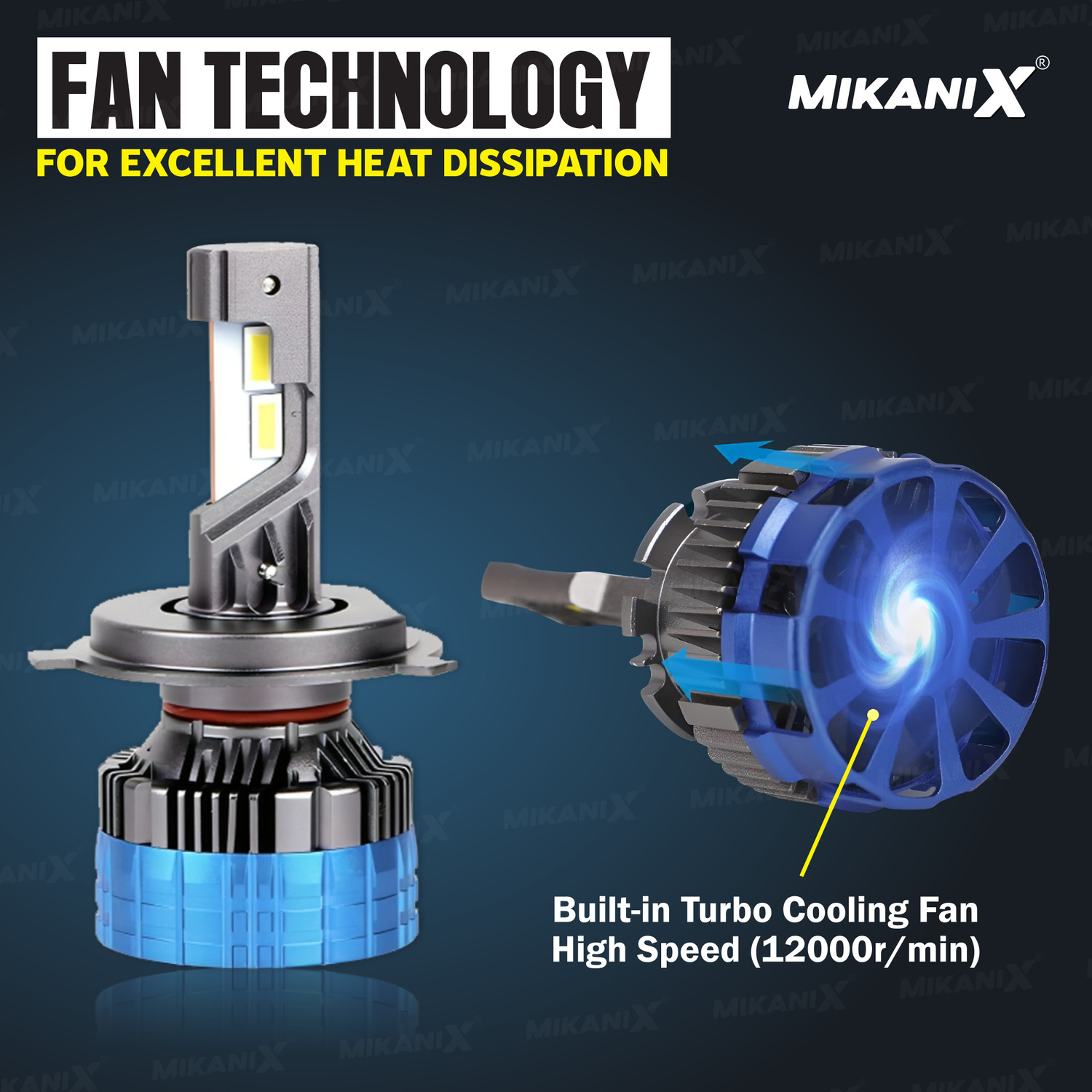 Image of MIKANIX Ultra Bright H4 Fitting 120W Led Headlight Bulb | High /Low Beam With Cooling Fan Headlight Motorbike LED (12 V, 120 W)