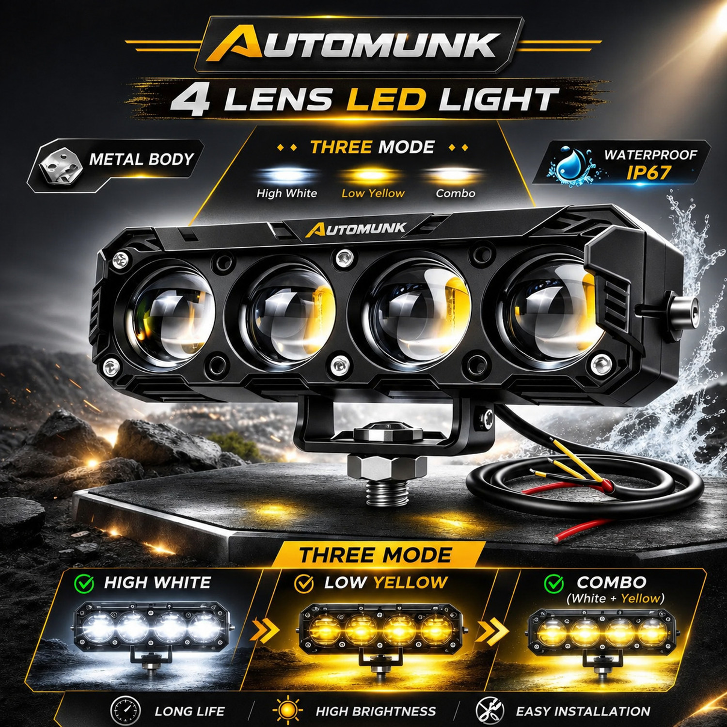 Image of automunk 4 Lens LED Driving Light for Bike Car White Yellow Beam Fog Lamp Motorbike LED (12 V, 40 W)