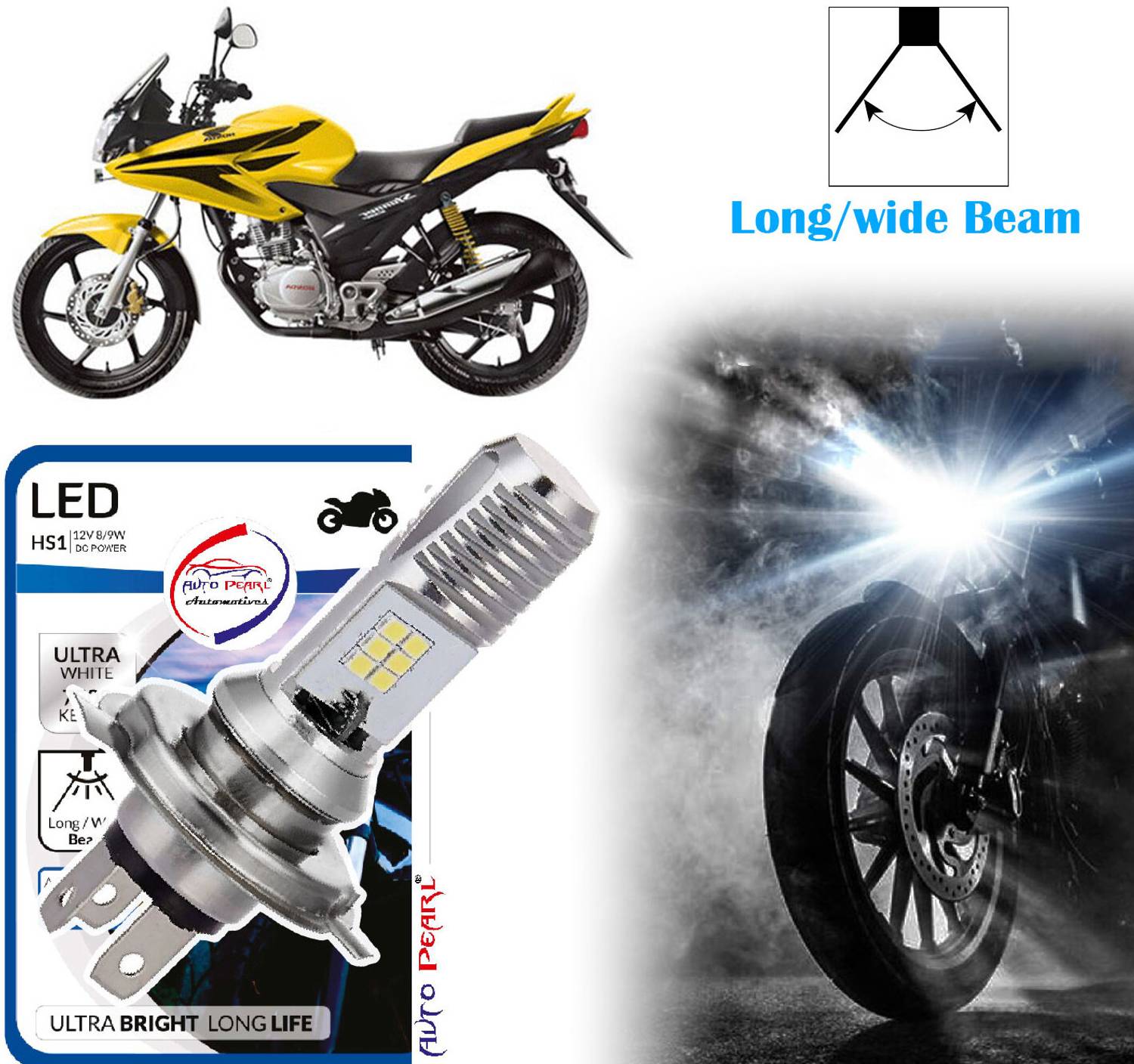 AUTO PEARL 2-Side 12Led Chips Motorcycle Bulb 7500K-12V-9W wide Beam Ultra Bright White C04 Headlight Motorbike LED for Honda (12 V, 9 W)