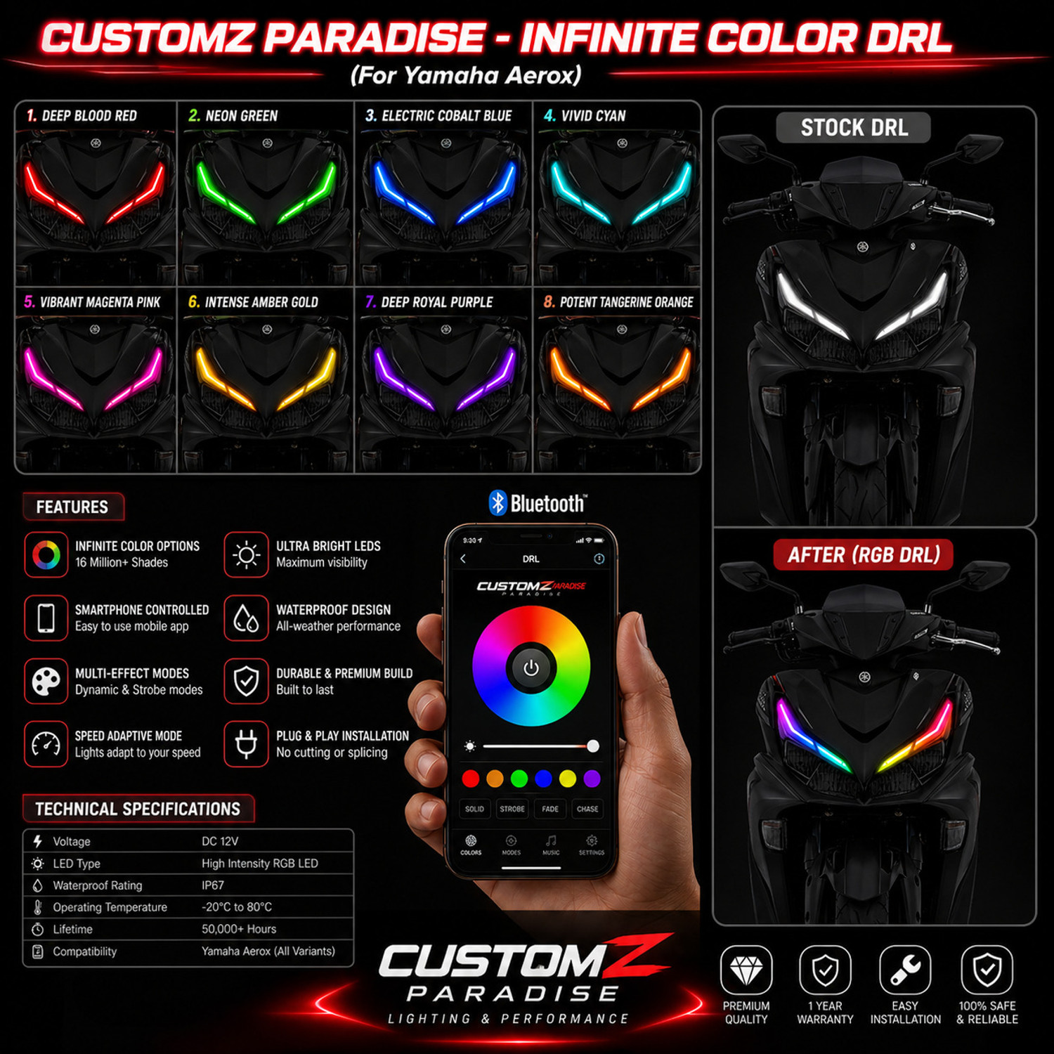 Image of customz paradise Aerox 155 Smart RGB App Control DRL 142+ Modes Plug & Play[Pro Edition] Headlight Motorbike LED for Yamaha (12 V, 25 W)