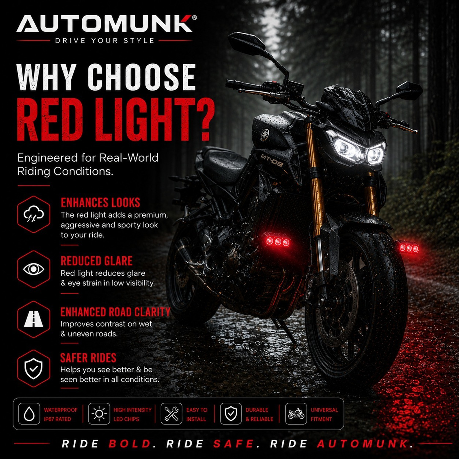Image of automunk 3 Lens LED Light for Bike Car 5 Modes White Yellow Red Strobe Fog Lamp Car, Motorbike LED (12 V, 40 W)