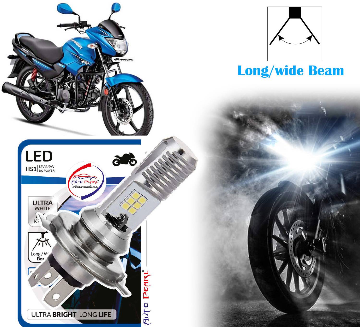 AUTO PEARL 2-Side 12Led Chips Motorcycle Bulb 7500K-12V-9W wide Beam Ultra Bright White B42 Headlight Motorbike LED for Hero (12 V, 9 W)