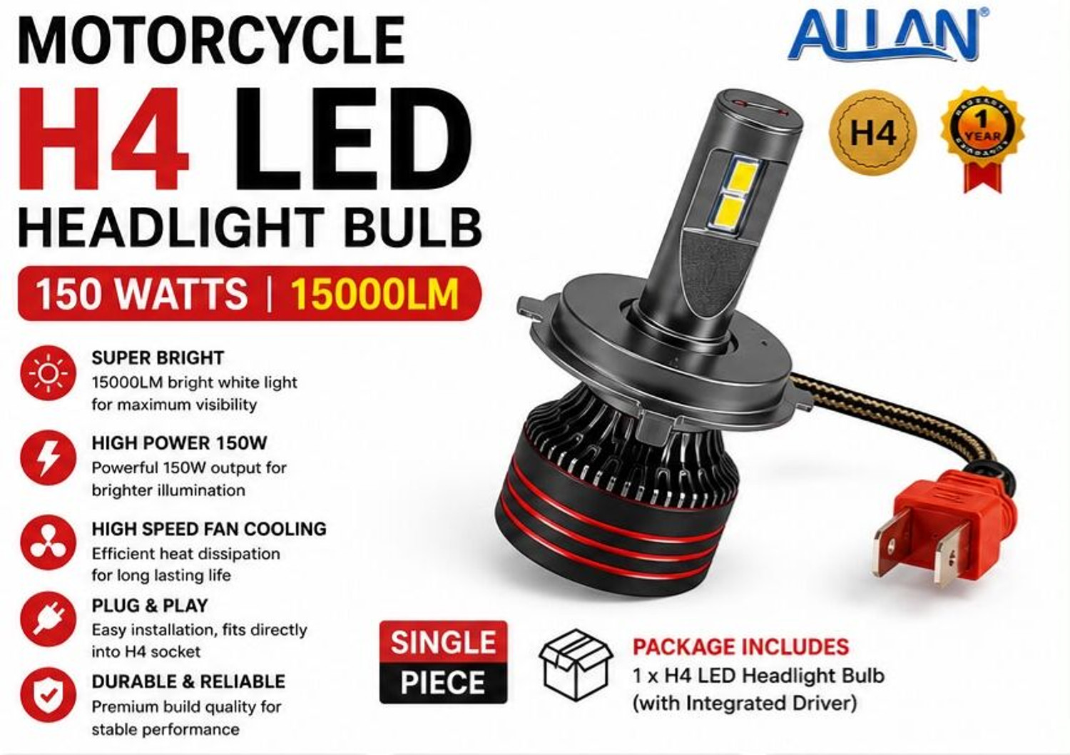 Image of Amrut Allan H4LED Headlight Bulb For Motorcycle & Scooter Super Bright White Light Headlight Motorbike LED (12 V, 150 W)