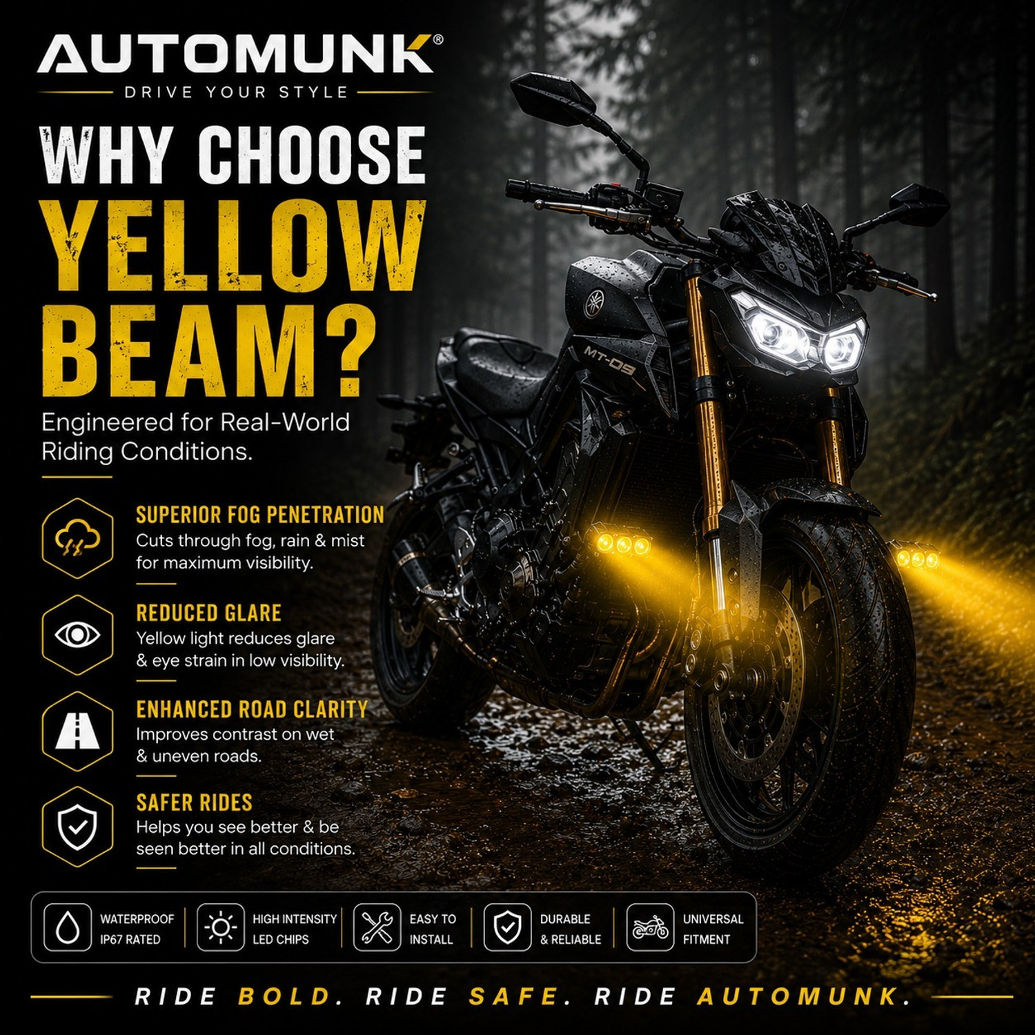 Image of automunk 3 Lens LED Light for Bike Car 5 Modes White Yellow Red Strobe Fog Lamp Car, Motorbike LED (12 V, 40 W)