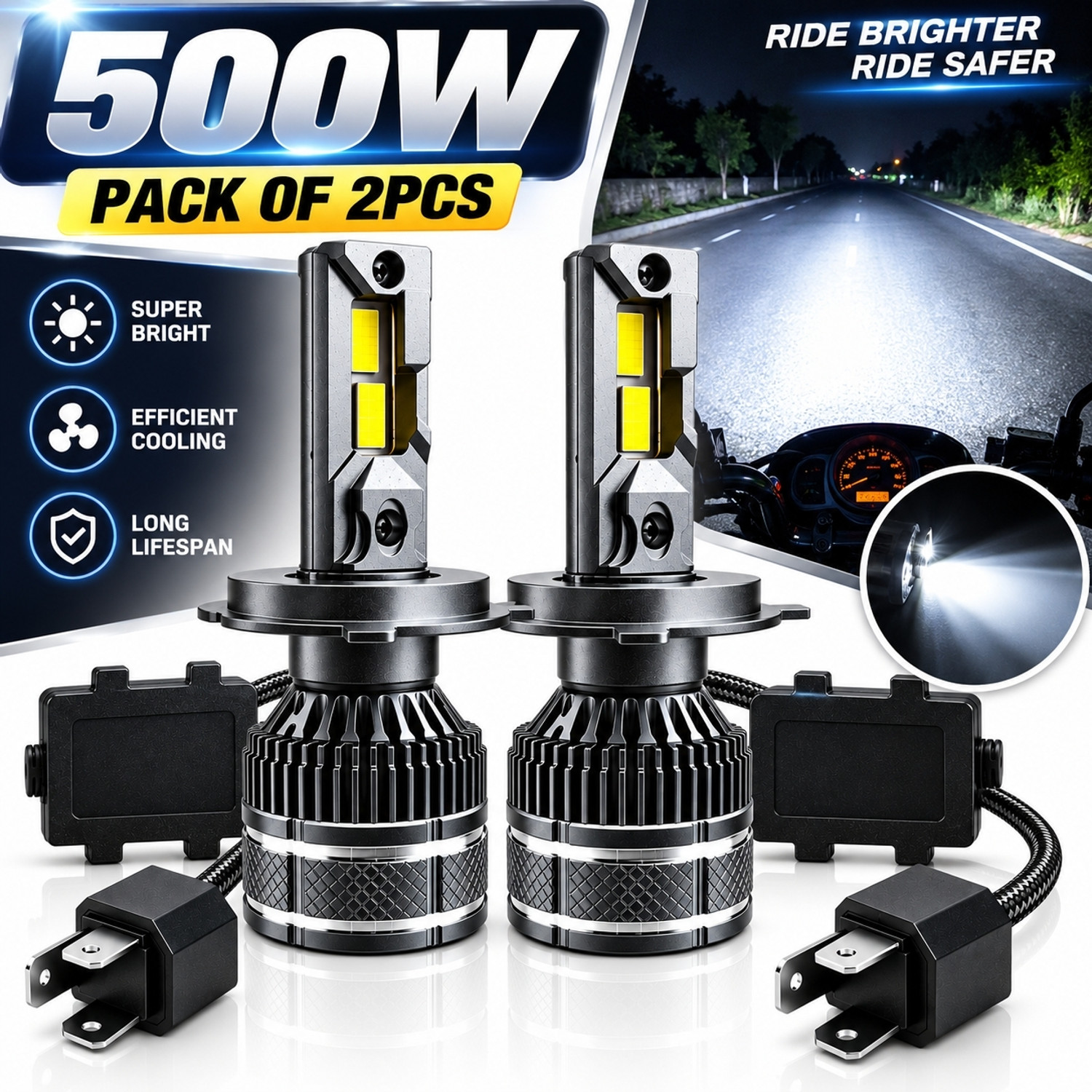 Image of BIKEBLOOM 500W pair led H4 socket led light 2pcs led white Colour for Motorbikes and cars Headlight Motorbike LED (12 V, 500 W) (Universal For Bike, Universal For Car, Pack of 2)