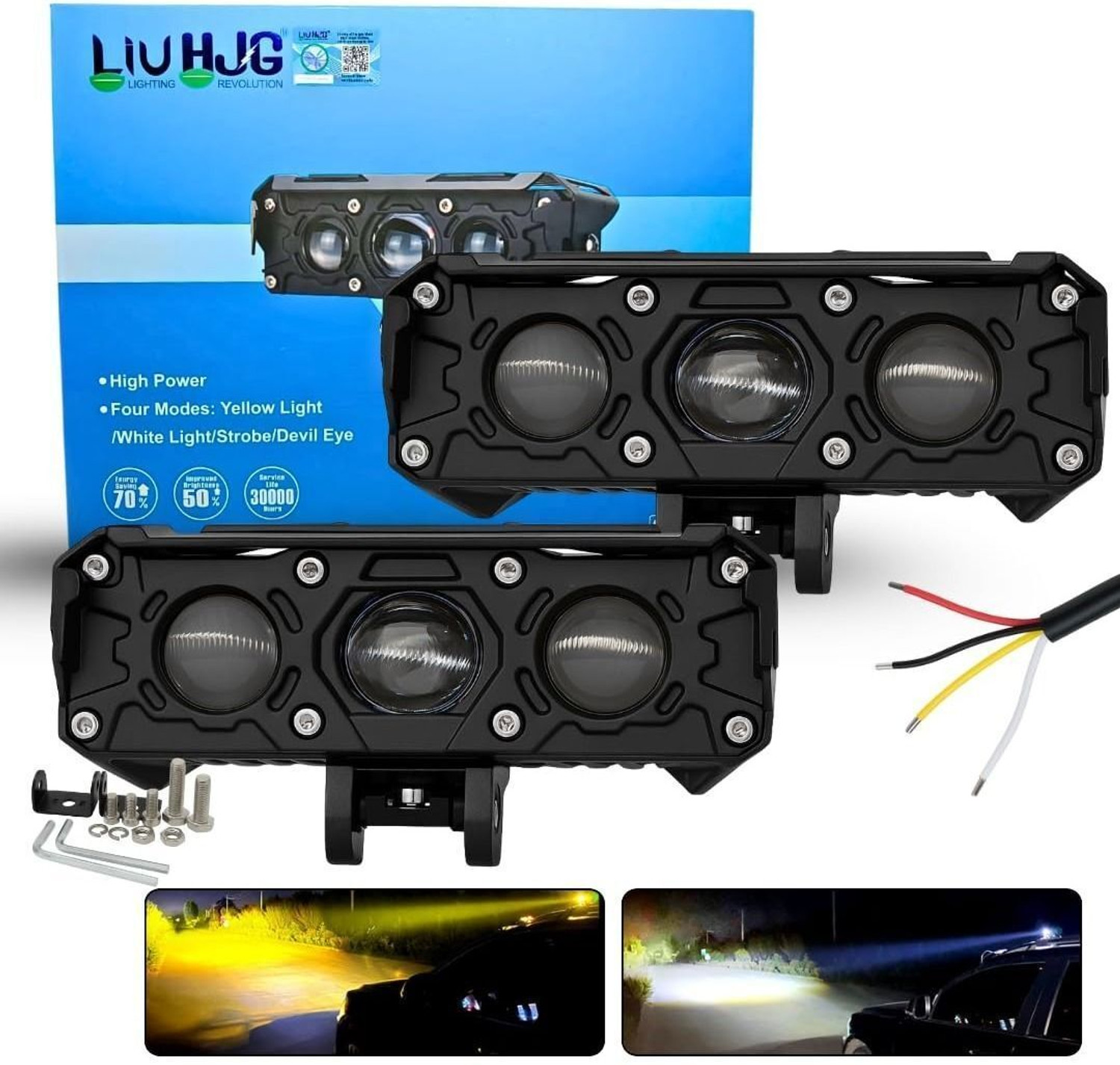 Image of LIU HJG 3 LED 180W Yellow /White with Red Devil Eye Fog Light Fog Lamp Car, Motorbike, Truck LED (9 V, 180 W)