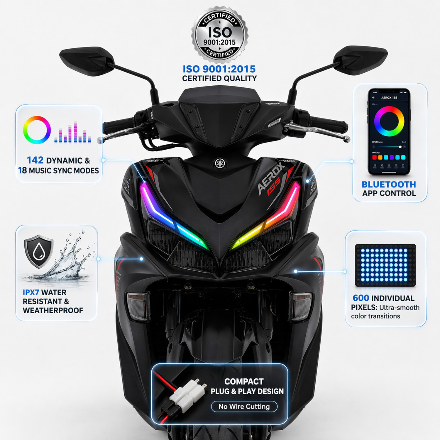 Image of customz paradise Aerox 155 Smart RGB App Control DRL 142+ Modes Plug & Play[Pro Edition] Headlight Motorbike LED for Yamaha (12 V, 25 W)