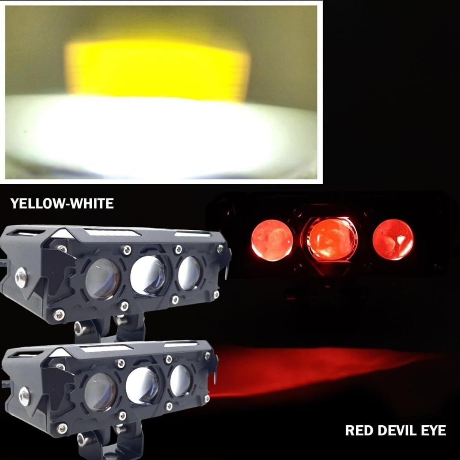Image of LIU HJG 3 LED 180W Yellow /White with Red Devil Eye Fog Light Fog Lamp Car, Motorbike, Truck LED (9 V, 180 W)