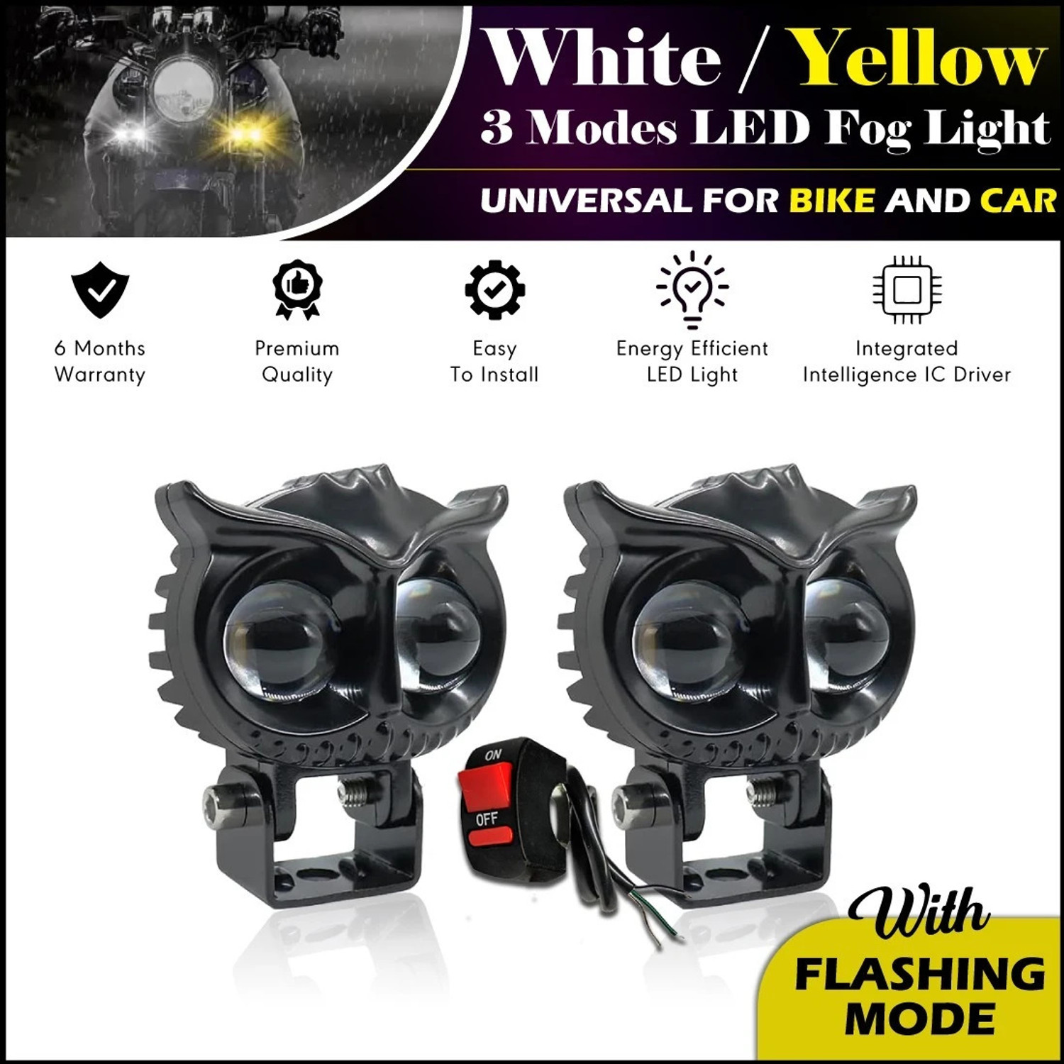 Image of Moto Genius 2 Led OWL Shape Fog Light Lamp LED High & Low Beam With On /Off Switch Button Fog Lamp Motorbike, Car, Van LED (12 V, 40 W)