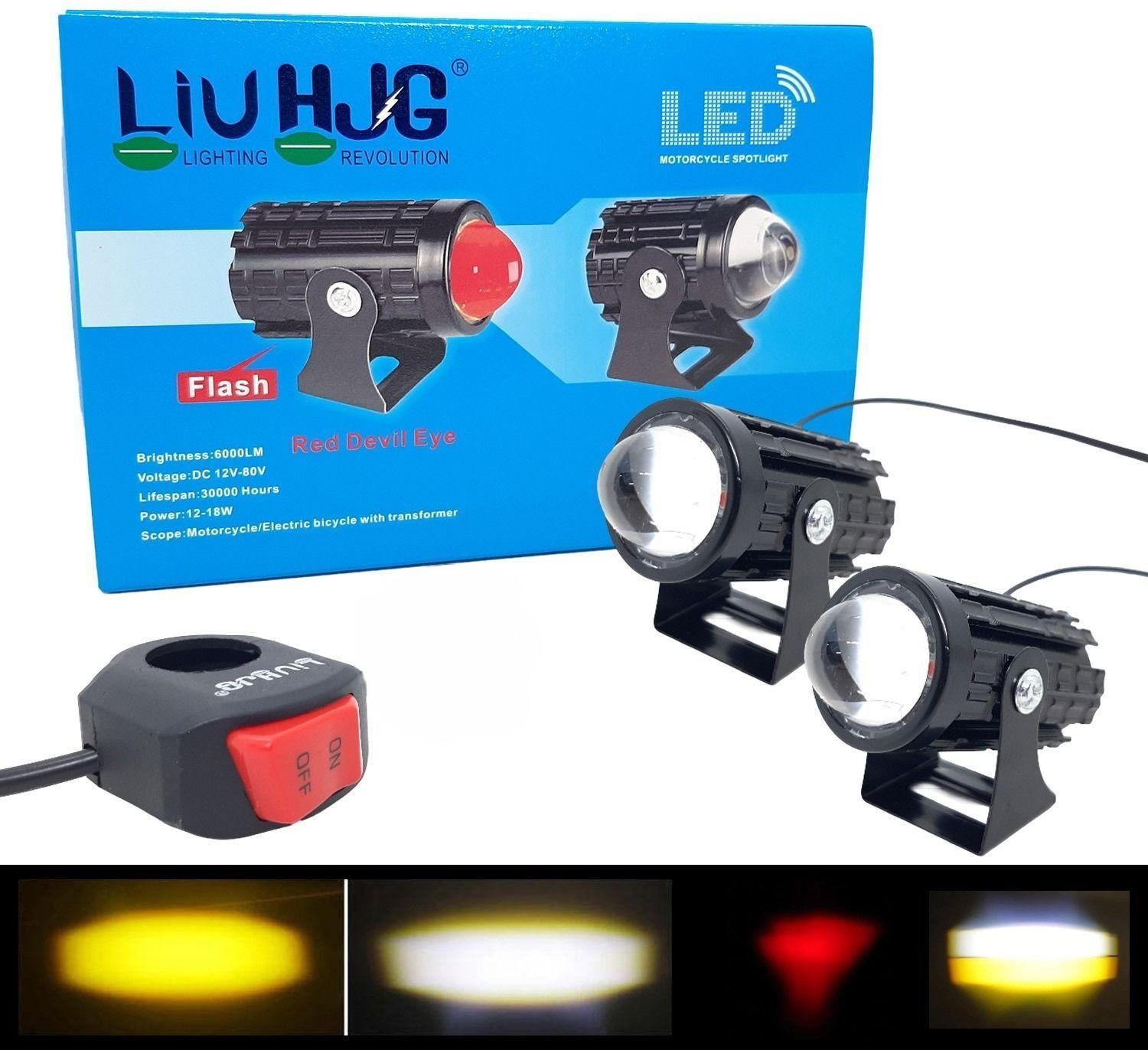 Image of LIU HJG 36 Watt Yellow /White Red Devil Eye Mini LED Fog Light Fog Lamp Car, Motorbike, Truck LED (9 V, 36 W)
